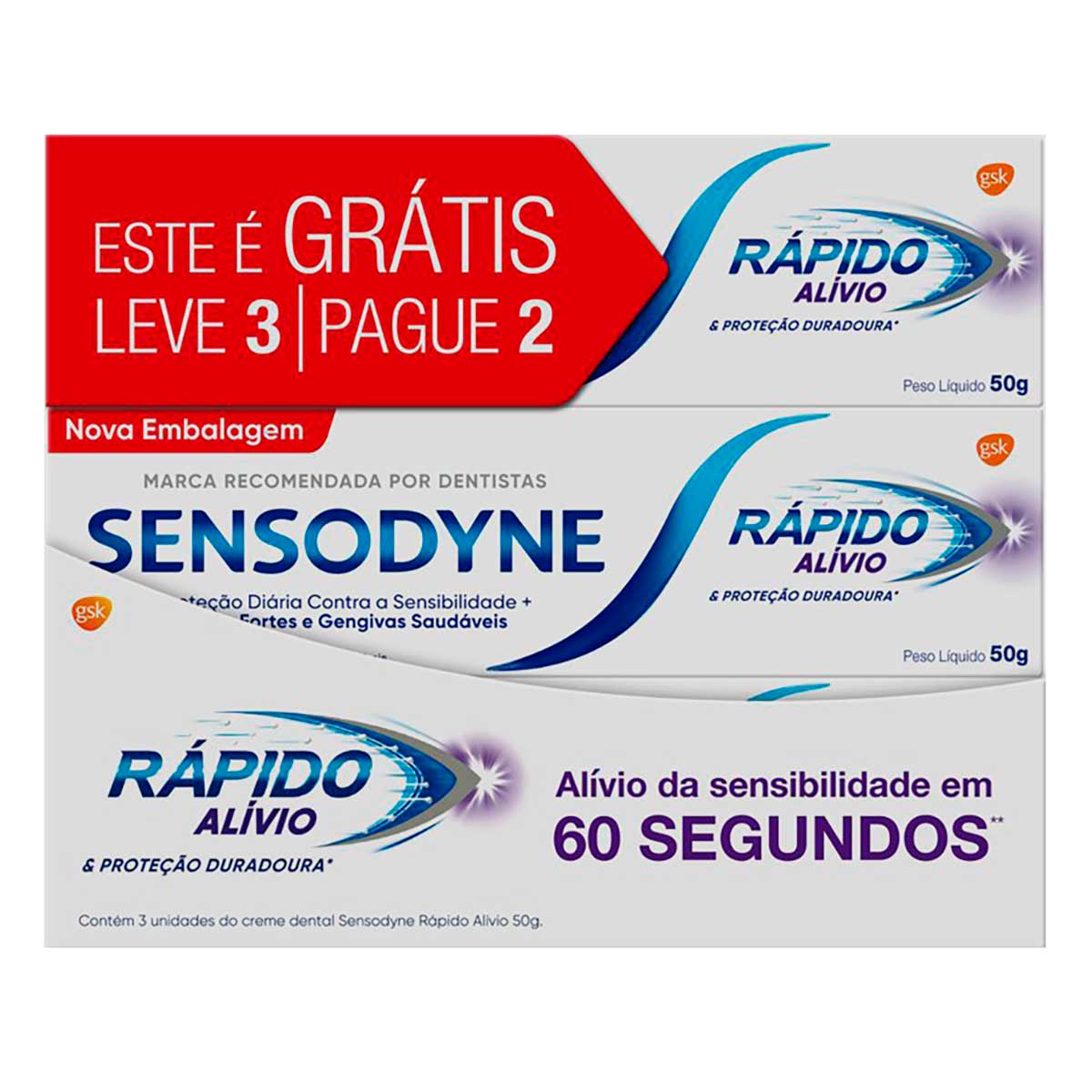 Kit Sensodyne Rapido Alivio de Creme Dental Alivio em 60 Segundos Para Dentes Sensiveis 3 Unidades de 50g