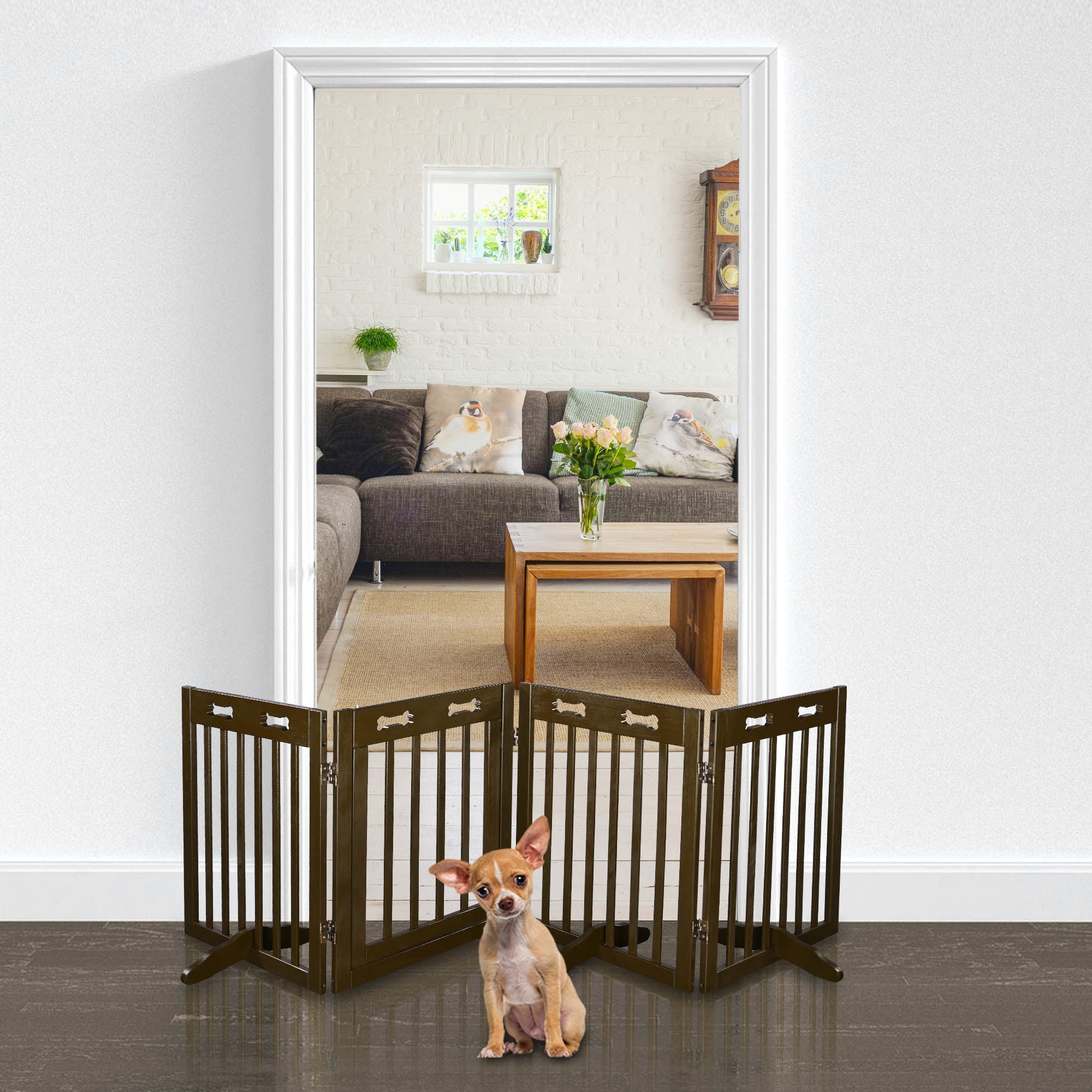 Freestanding Wooden Pet Gate w/ Walk Through Door， 360° Rotation Folding Cat Dog Fences