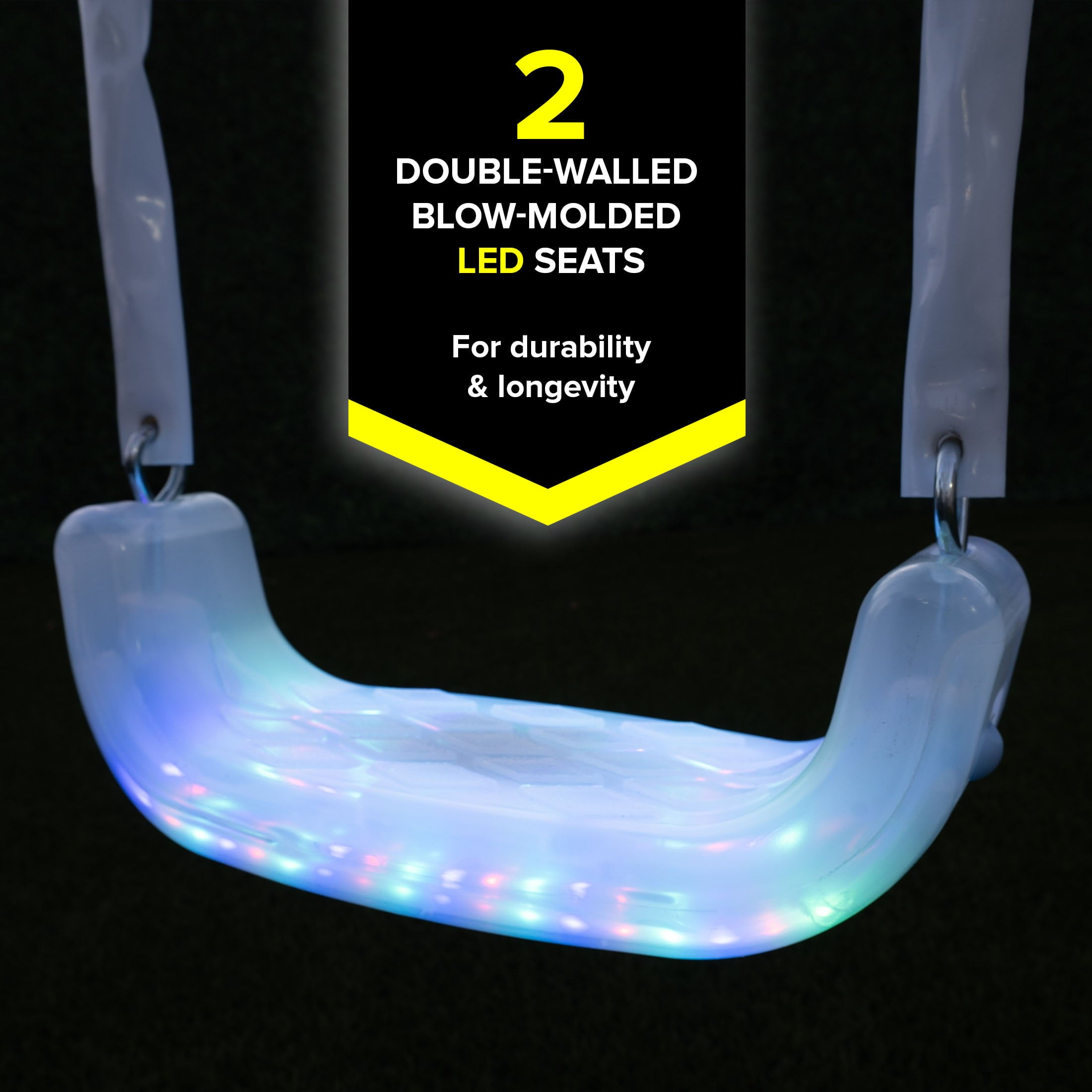 Sportspower Super Lights Metal Swing Set with LED Swing Seats， 2 Person Glider and 5-ft Slide