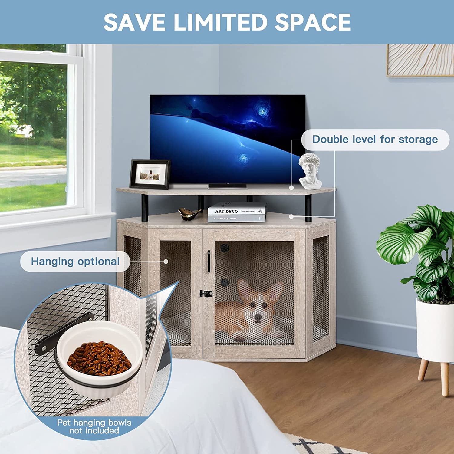 Kfvigoho Corner Dog Crate with Cushion， Dog House， Dog Crate Indoor Use， Modern Dog Kennel with Wooden and Wire Mesh， Large Pet House with Multiple Function Perfect for Limited Room， Apartment