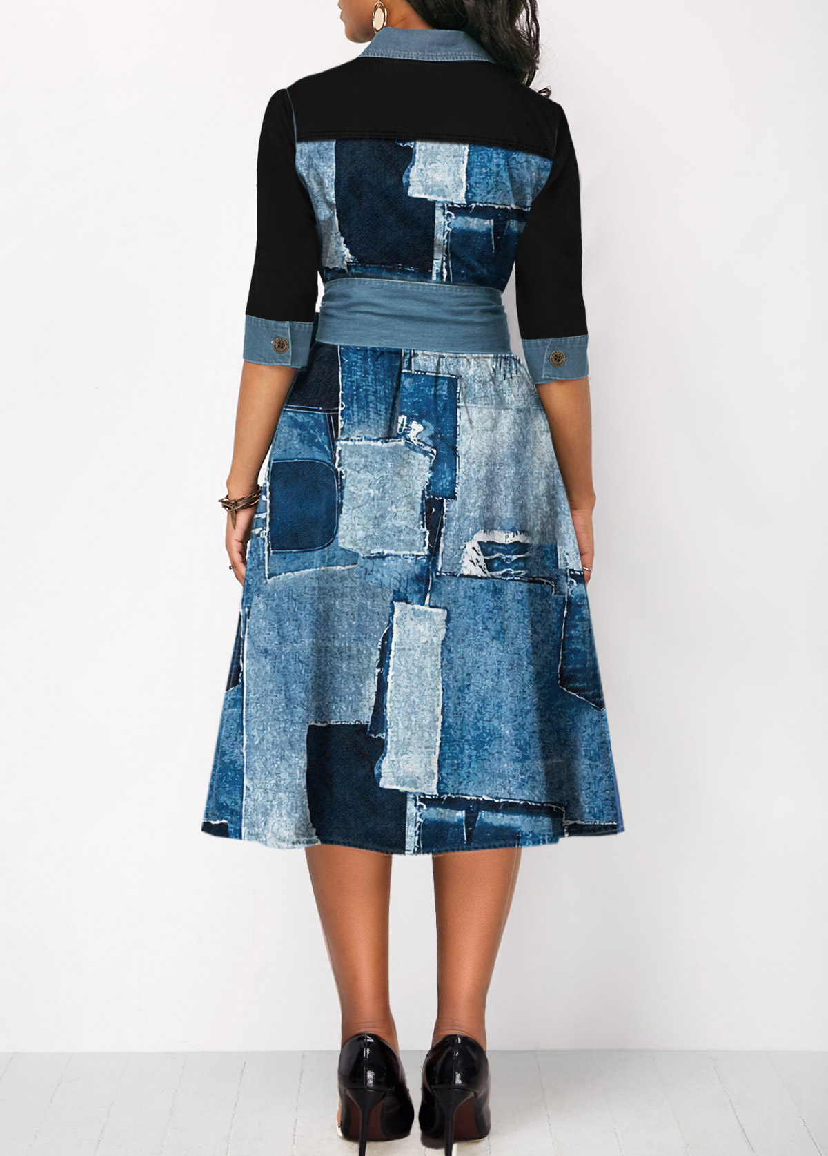 Denim Look Print Belted Button Dress