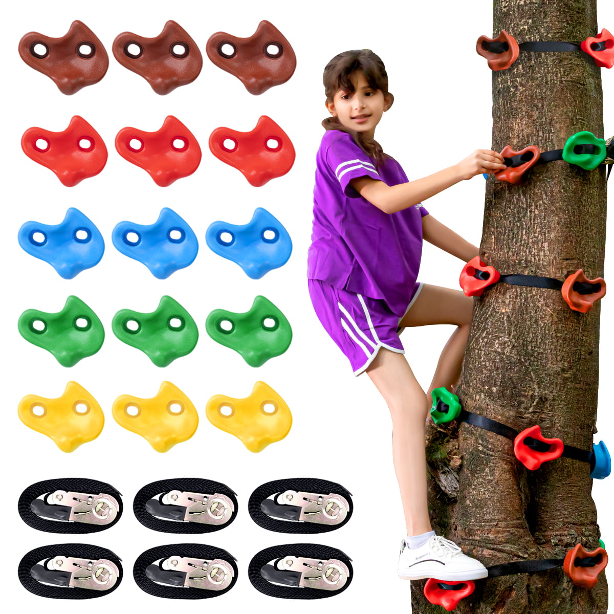 WHDZ 15 PCS Climbing Holds for Kids，Adult Climbing Rocks with 6 Ratchet Straps for Outdoor，Playground Accessories﻿ Rock Wall Climbing Kit with Mounting Hardware
