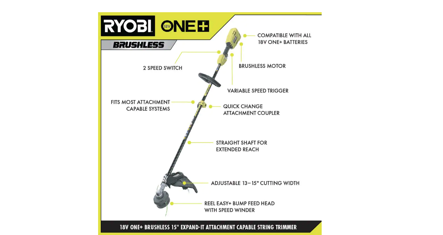 RYOBI P20110-PRN ONE+ 18V Brushless 15 in. Cordless Attachment Capable String Trimmer and Pole Saw Attachment w/ 4.0 Ah Battery and Charger