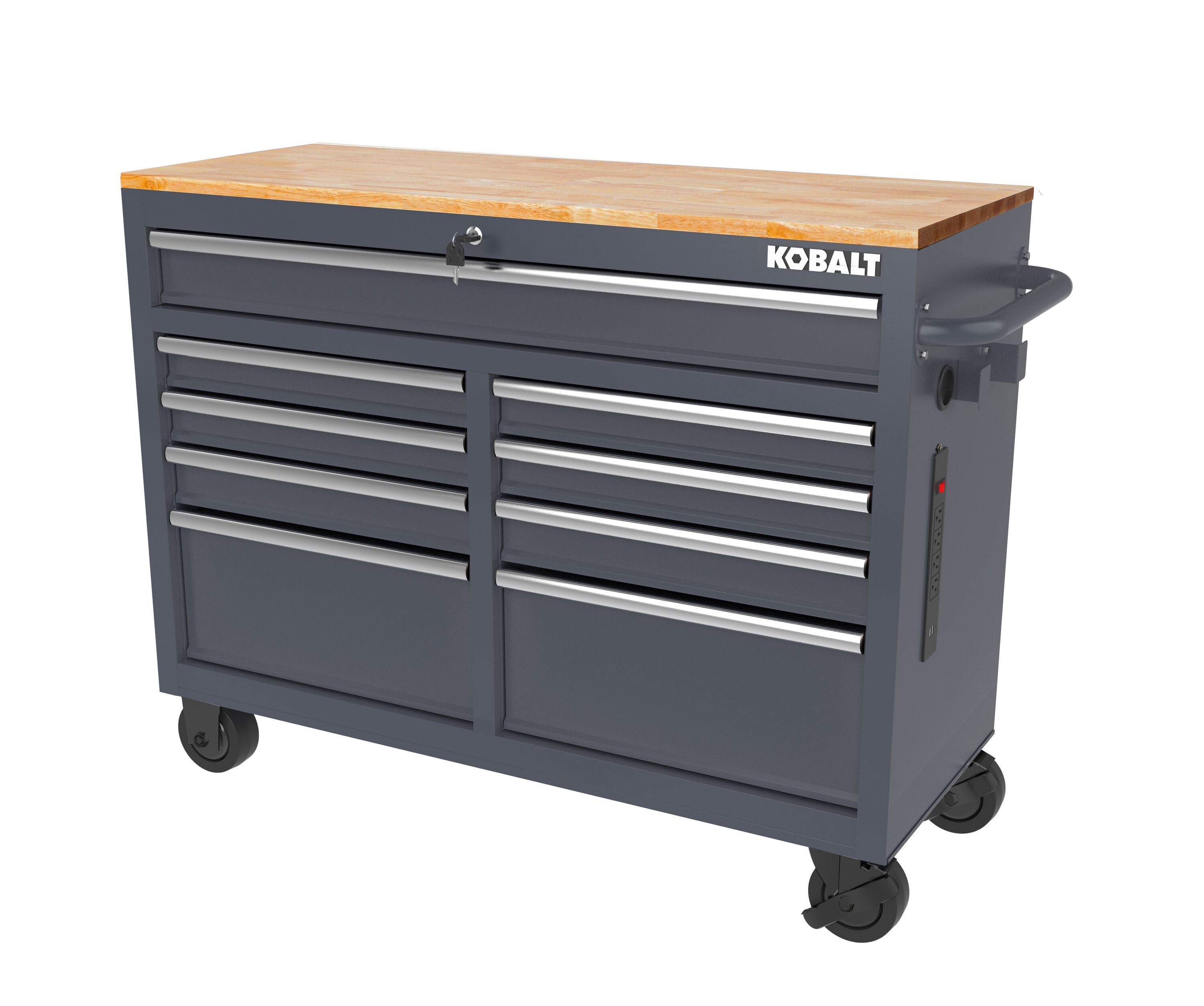 Bancada de trabalho Kobalt com 9 gavetas, 117 cm de comprimento x 94,5 cm de altura, em madeira preta/azul, com rodízios.