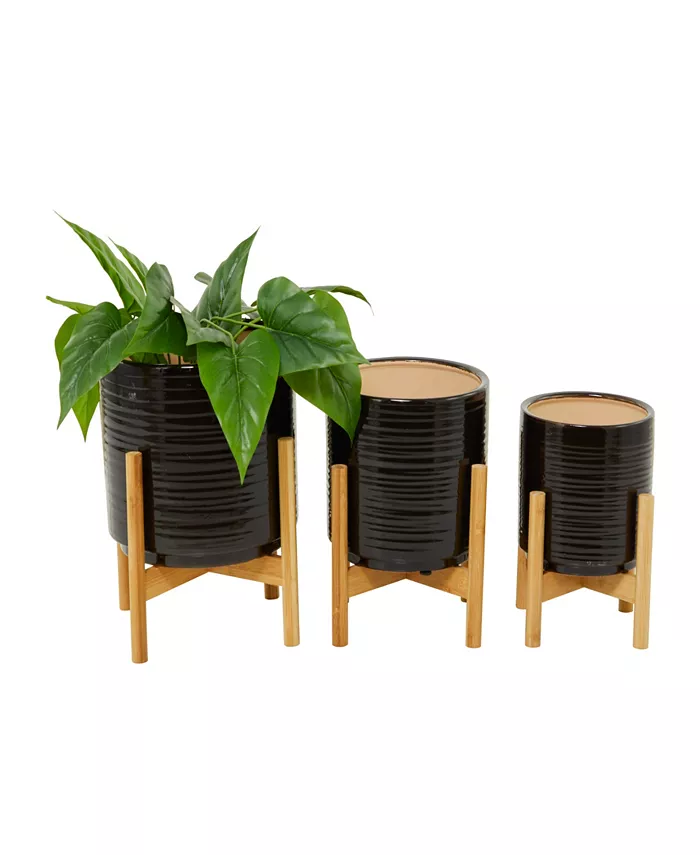 Novogratz Collection Ceramic Planter with Removable Wood Stand Set of 3