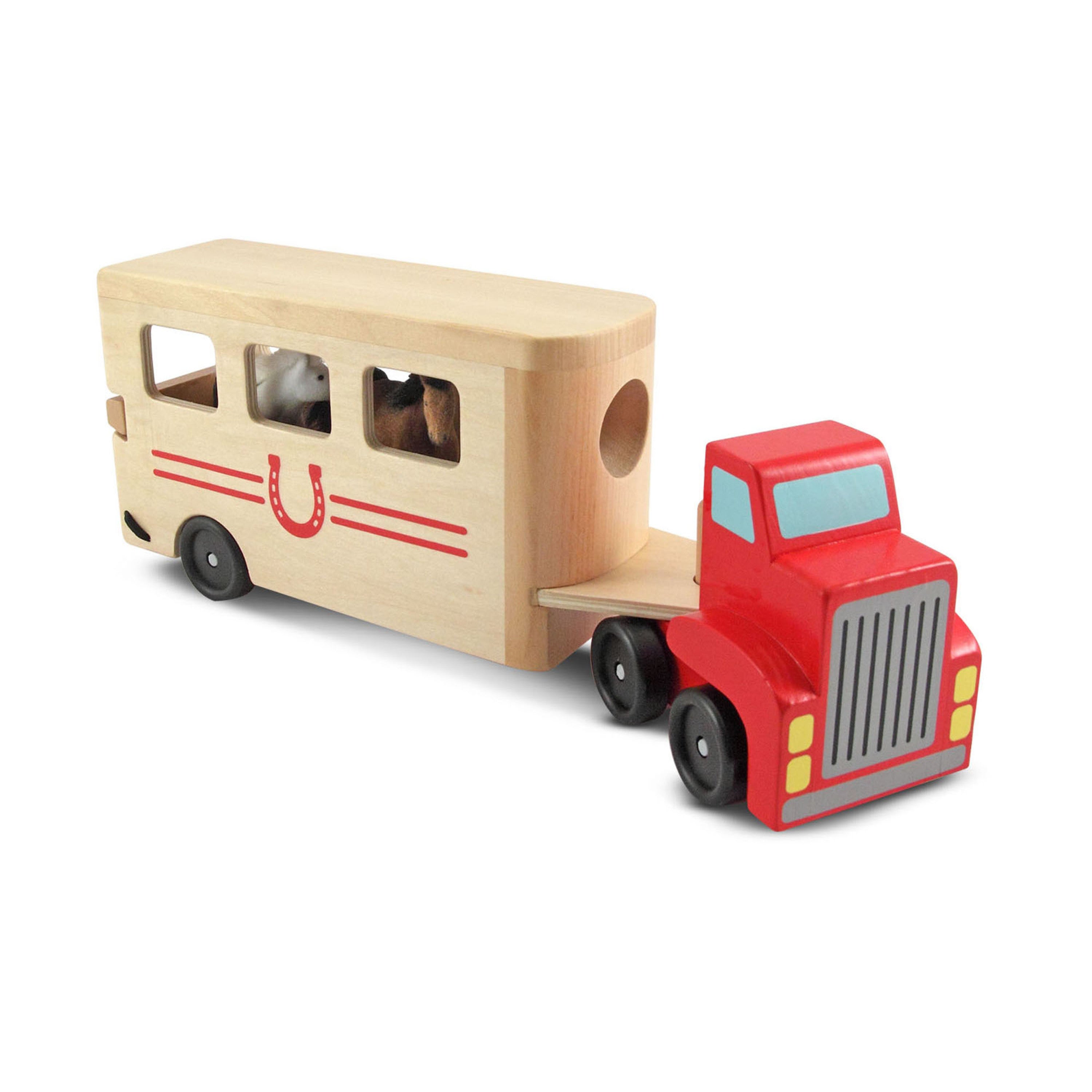 Melissa and Doug Horse Carrier Wooden Vehicle Play Set With 2 Flocked Horses and Pull-Down Ramp
