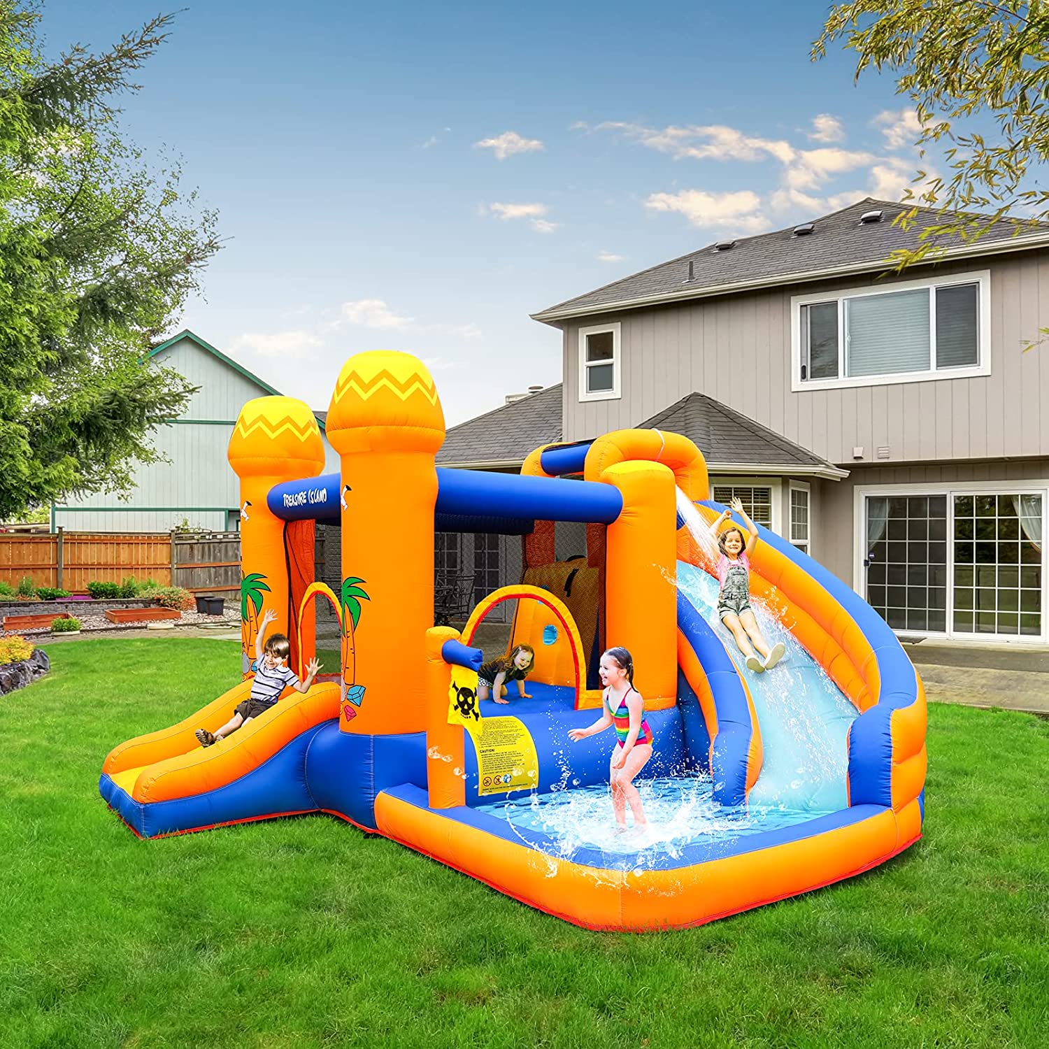 Arlopu Inflatable Water Slide Bounce House with Blower， Outdoor Yard Park Jumping Castle with Play Splash Pool for Kids 2-8 Years