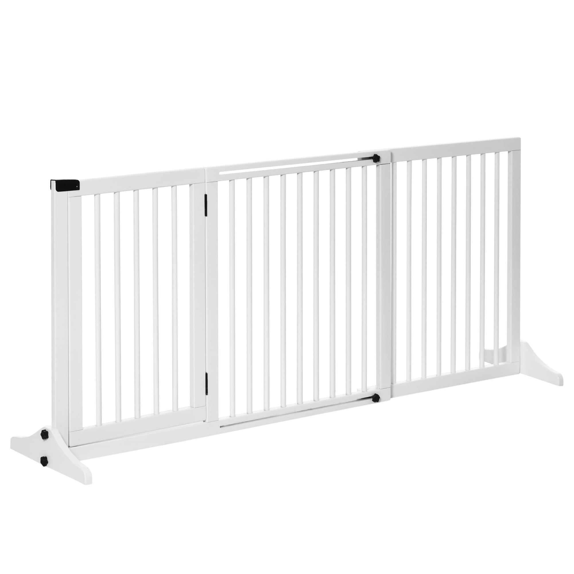 PawHut Wooden Freestanding Pet Gate Adjustable w/ Door Lock Safe Barrier White