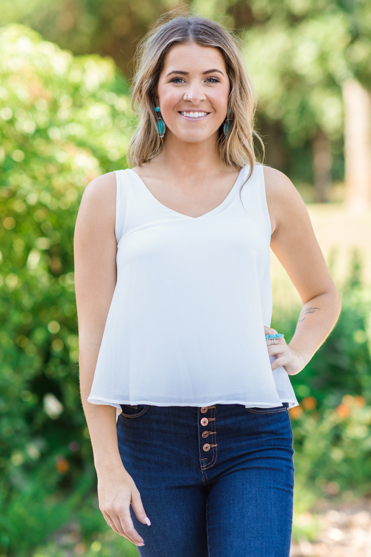 Off White V-Neck Flowy Tank