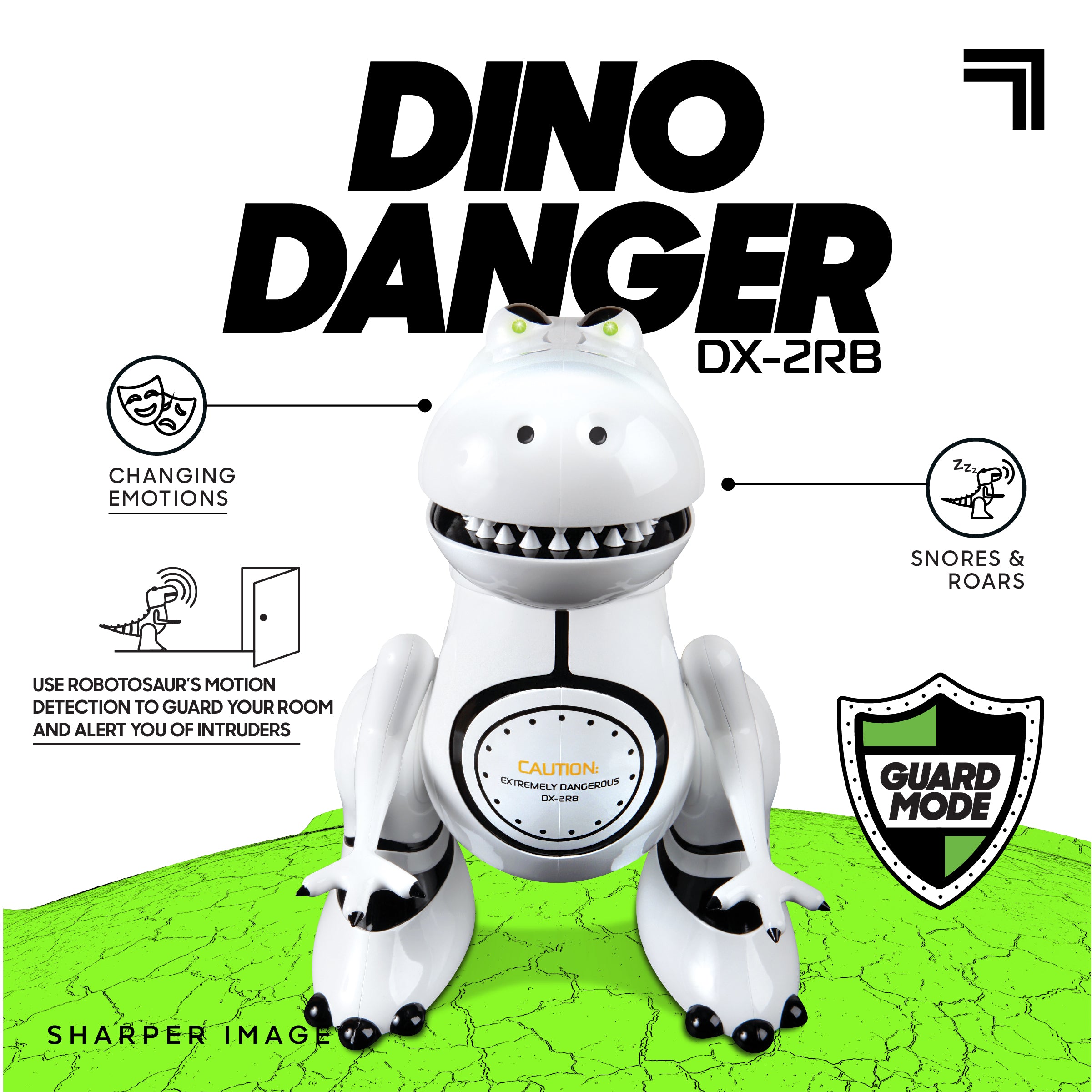 Sharper Image Interactive RC Robotosaur Dinosaur， Built-in Mood Sensors and Color-Changing LED Eyes， Motion Detection， Growls， Snores， Battery Operated- White/Black