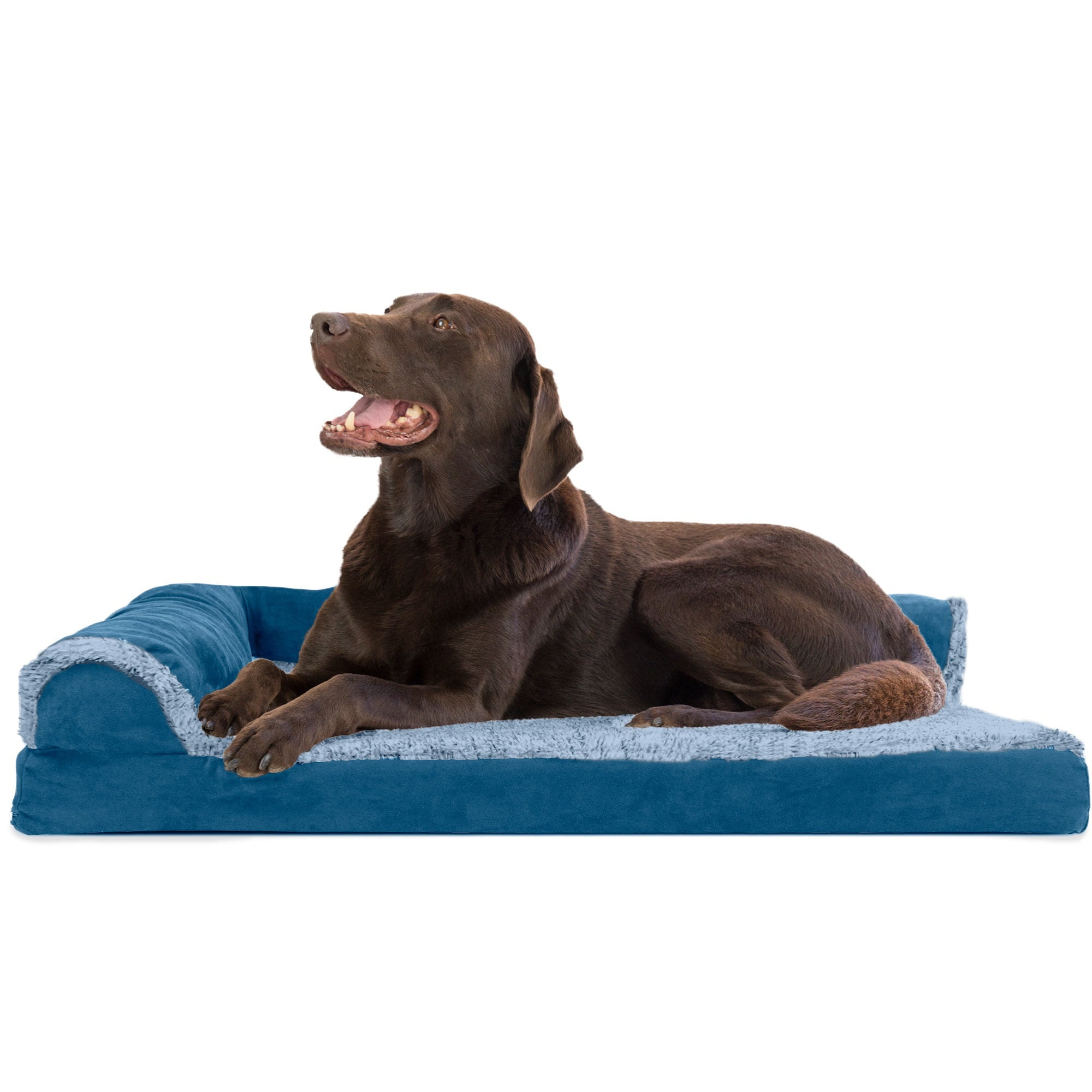 FurHaven | Deluxe Orthopedic Faux Fur and Suede L-Chaise Lounge Pet Bed for Dogs and Cats， Marine Blue， Large