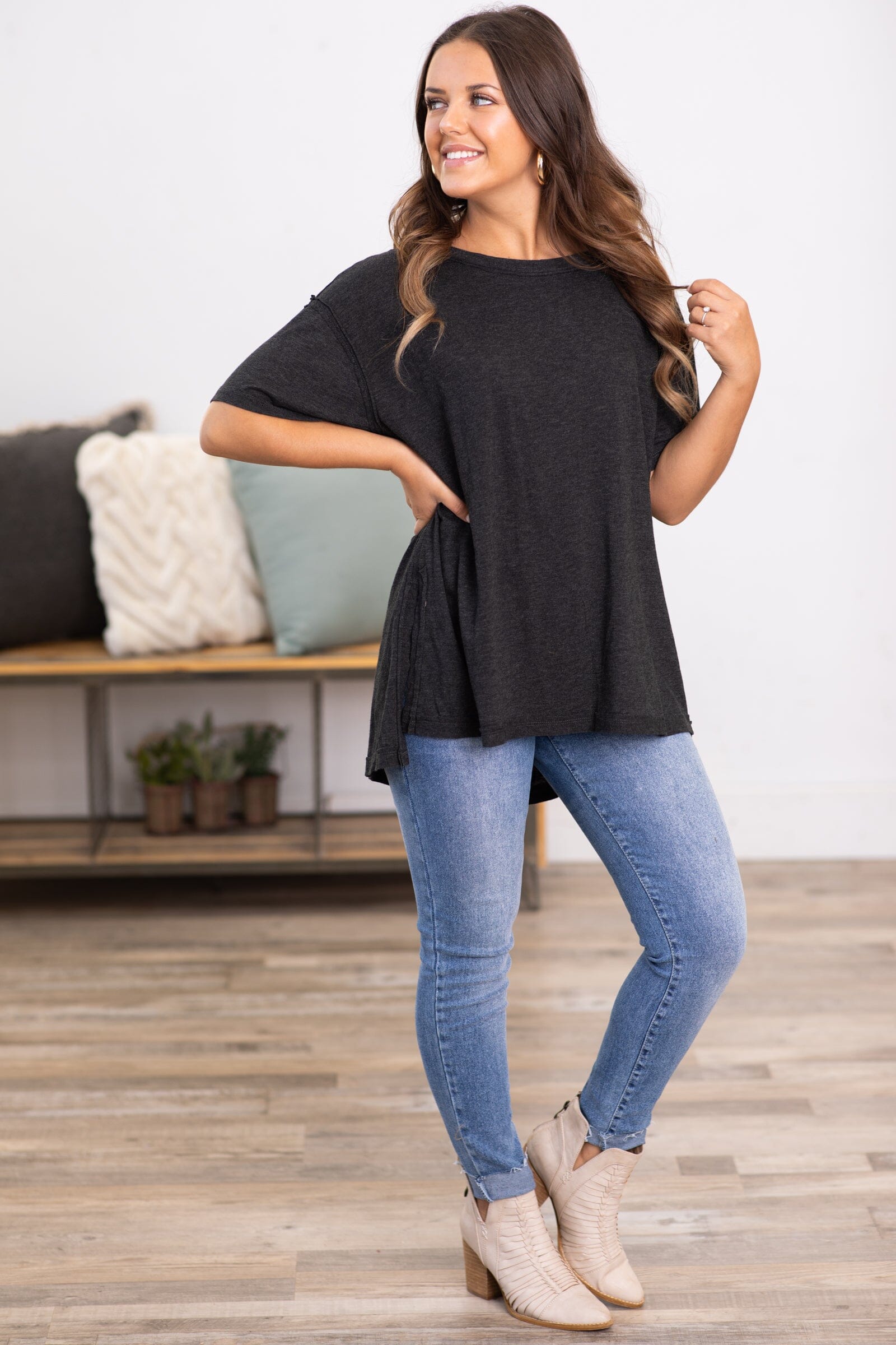 Charcoal Washed Top With Side Slits