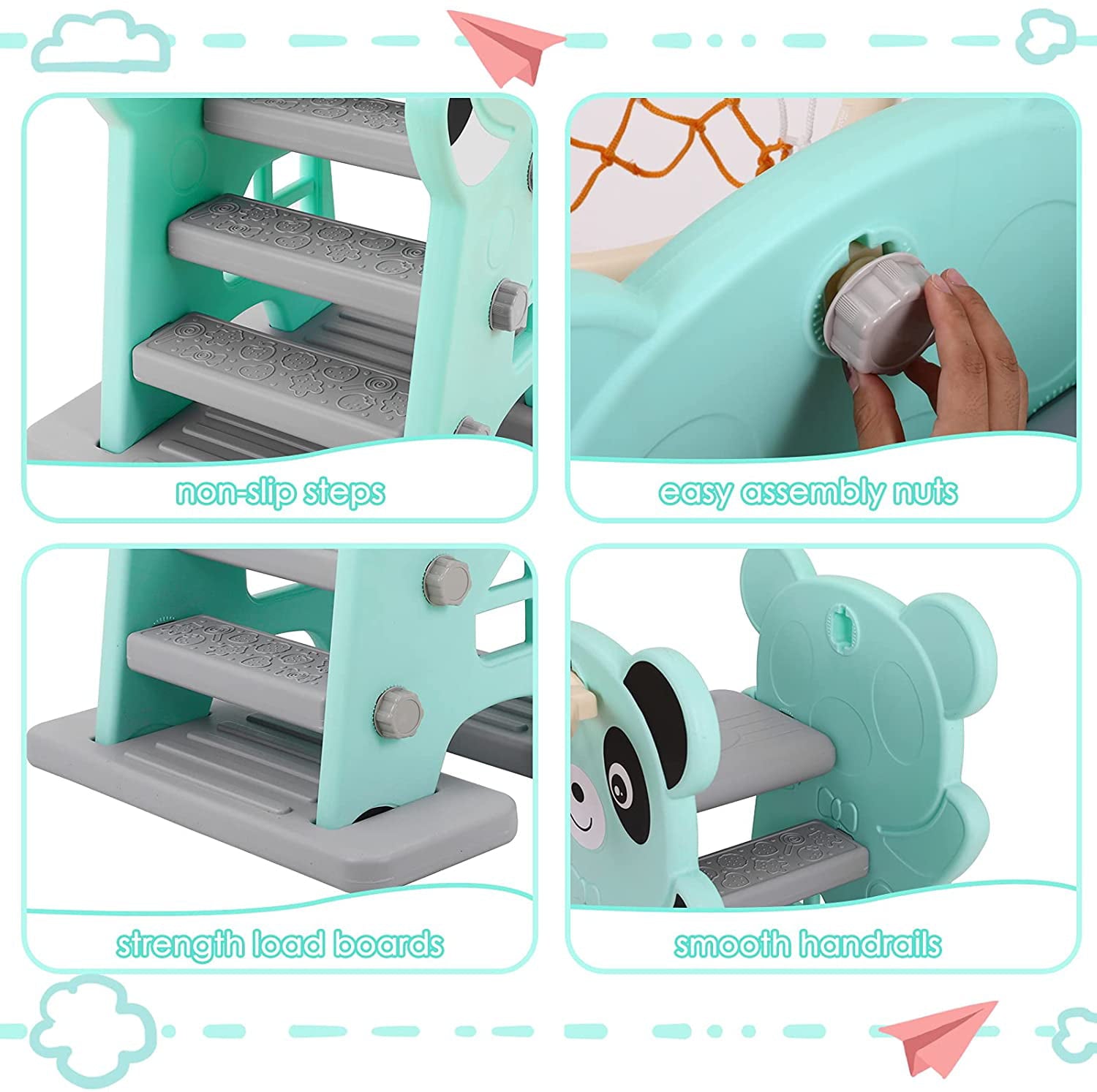 Arlopu Sturdy Kids Slide， Plastic Toddler First Slide Climber Set Indoor Outdoor Playground Toy with Basketball Hoop and Ball