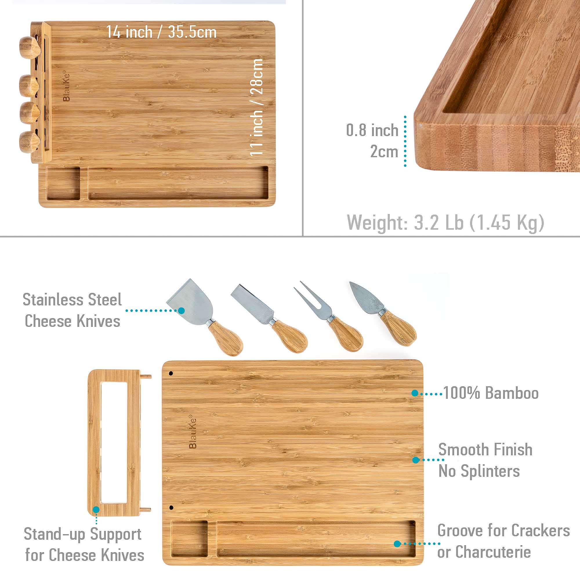 BlauKe® Bamboo Cheese Board and Knife Set 14x11 inch – Wood Cheese Cutting Board， Serving Tray Platter， Charcuterie Board Set with 4 Cheese Knives