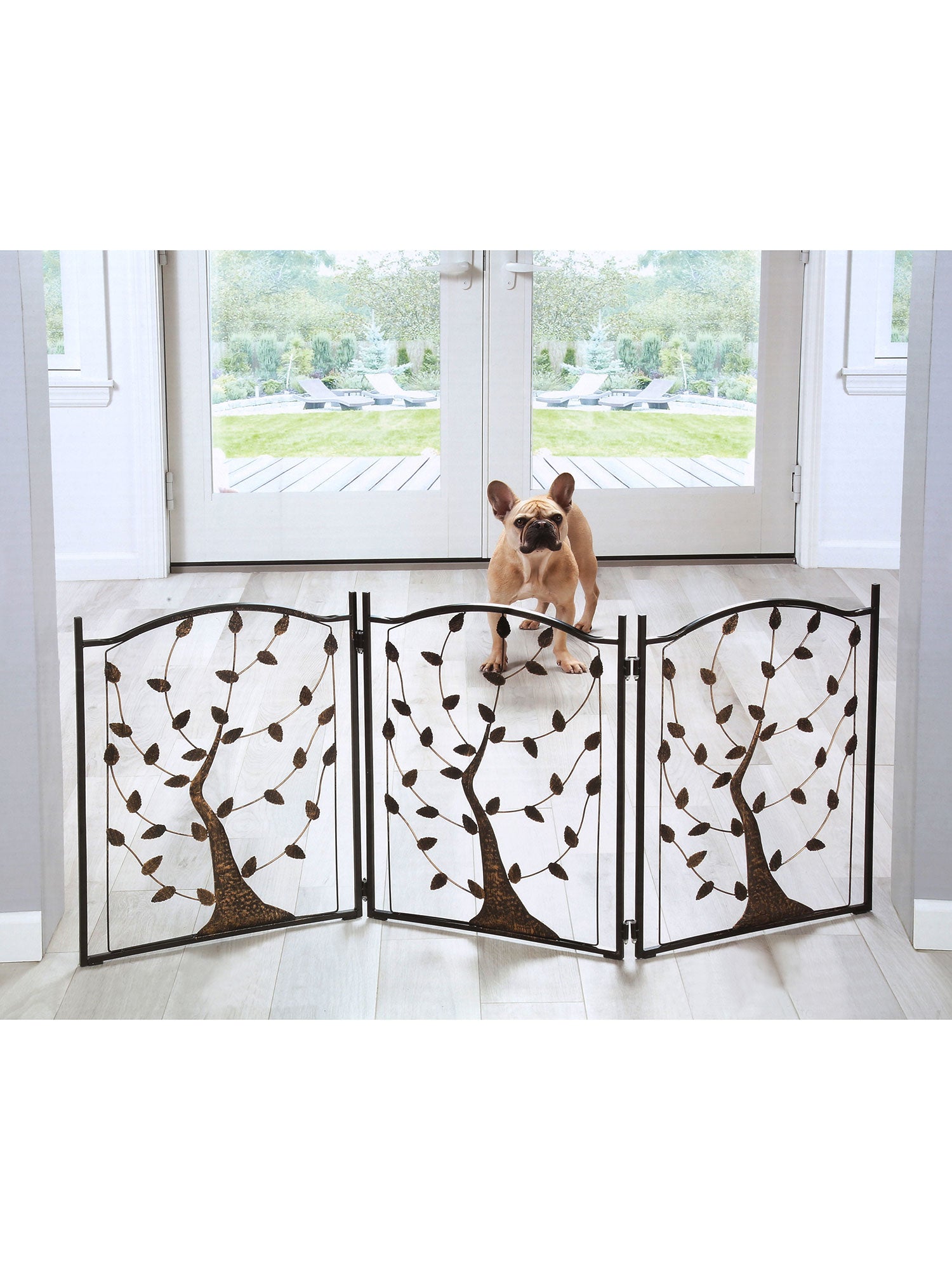 3-Panel Foldable Dog Gate Freestanding Dog Gate Metal， Tree of Life