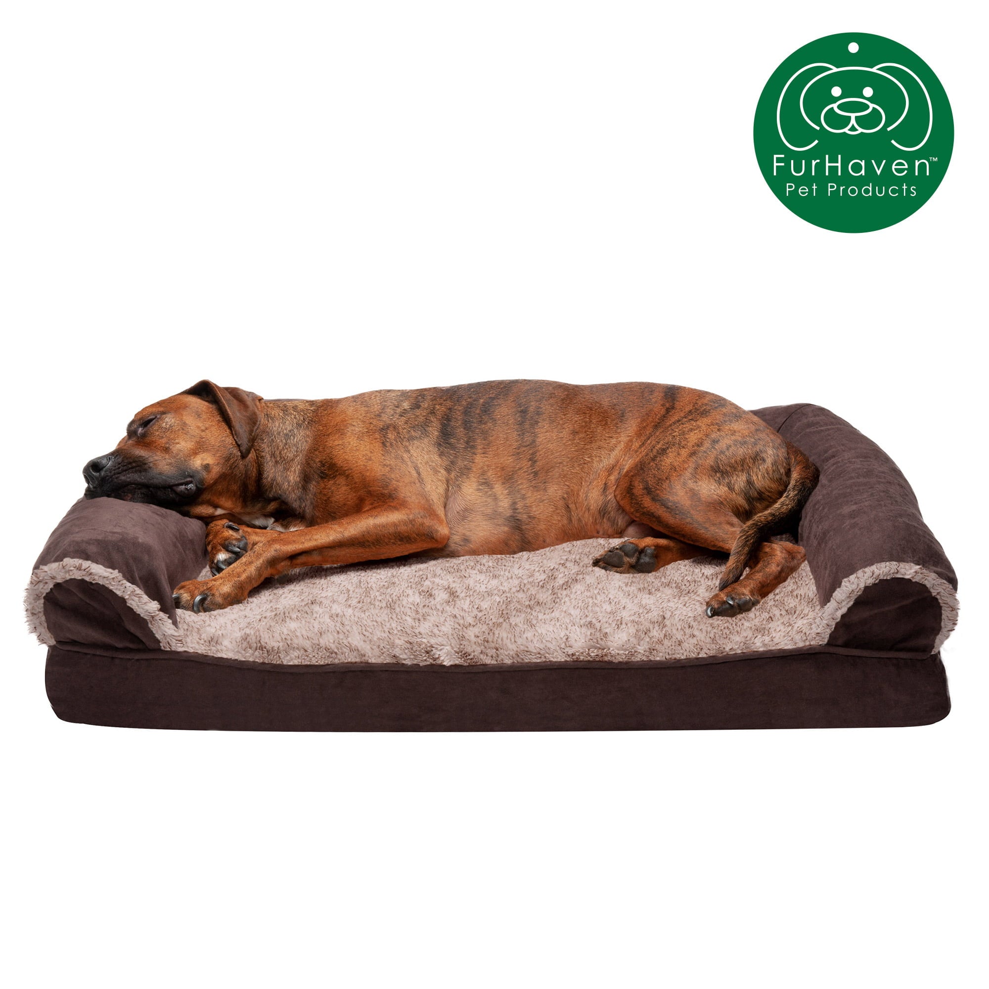 FurHaven Pet Products | Cooling Gel Memory Foam Orthopedic Two-Tone Faux Fur and Suede Sofa-Style Couch Pet Bed for Dogs and Cats， Espresso， Large