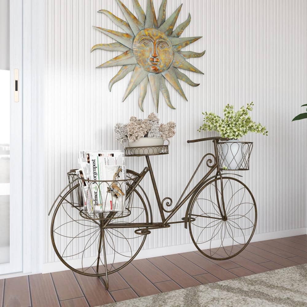 Litton Lane 31 in. Brown Metal Bike Indoor Outdoor Scrollwork And Wire Design Plantstand with Basket and Saddle Bag Planters 79182