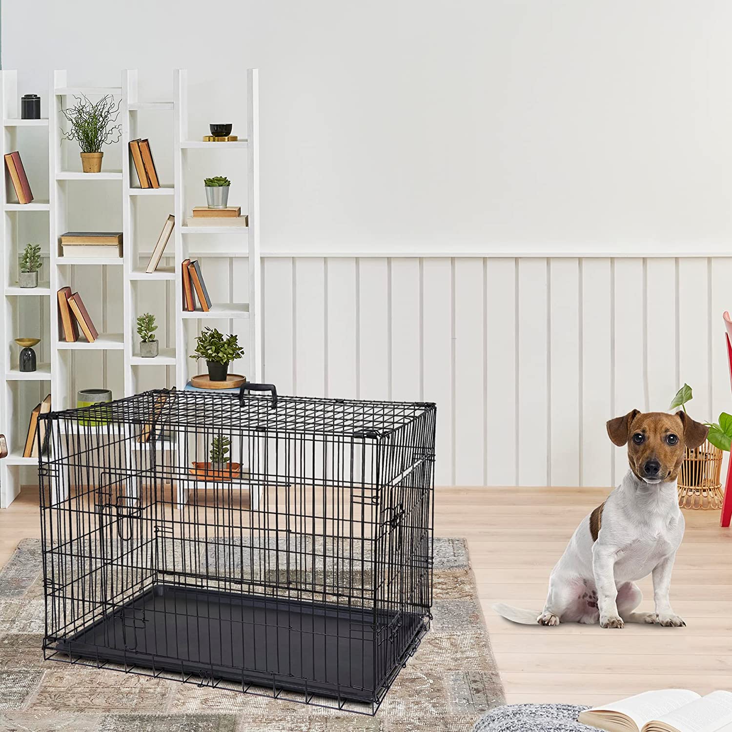 30/36/42Inches Double Door Dog Crate Folding Metal Wire Dog Kennel Cage with Tray for Small/Medium/Large Dogs Indoor Outdoor Travel Use