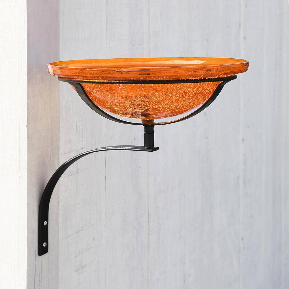 ACHLA DESIGNS 12.5 in. Dia Mandarin Orange Reflective Crackle Glass Birdbath Bowl with Wall Mount Bracket CGB-06M-WM