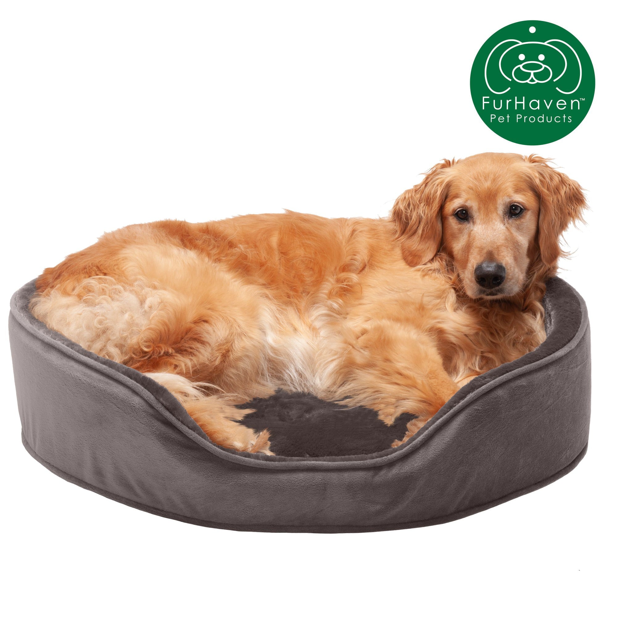 FurHaven | Orthopedic Plush and Velvet Oval Pet Bed for Dogs and Cats， Smoke Gray， Extra Large