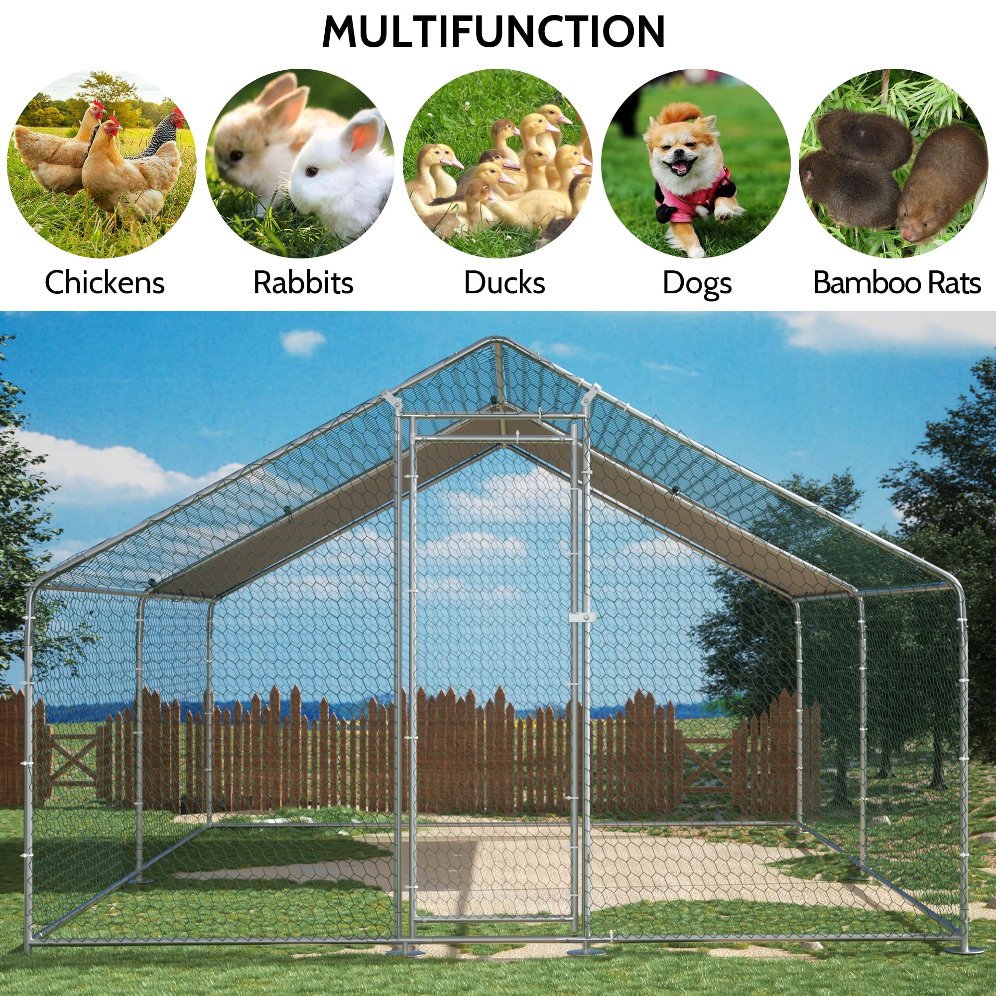 TOETOL Large Metal Chicken Coop， Walk in Poultry Cage Chicken Run with PE Cover