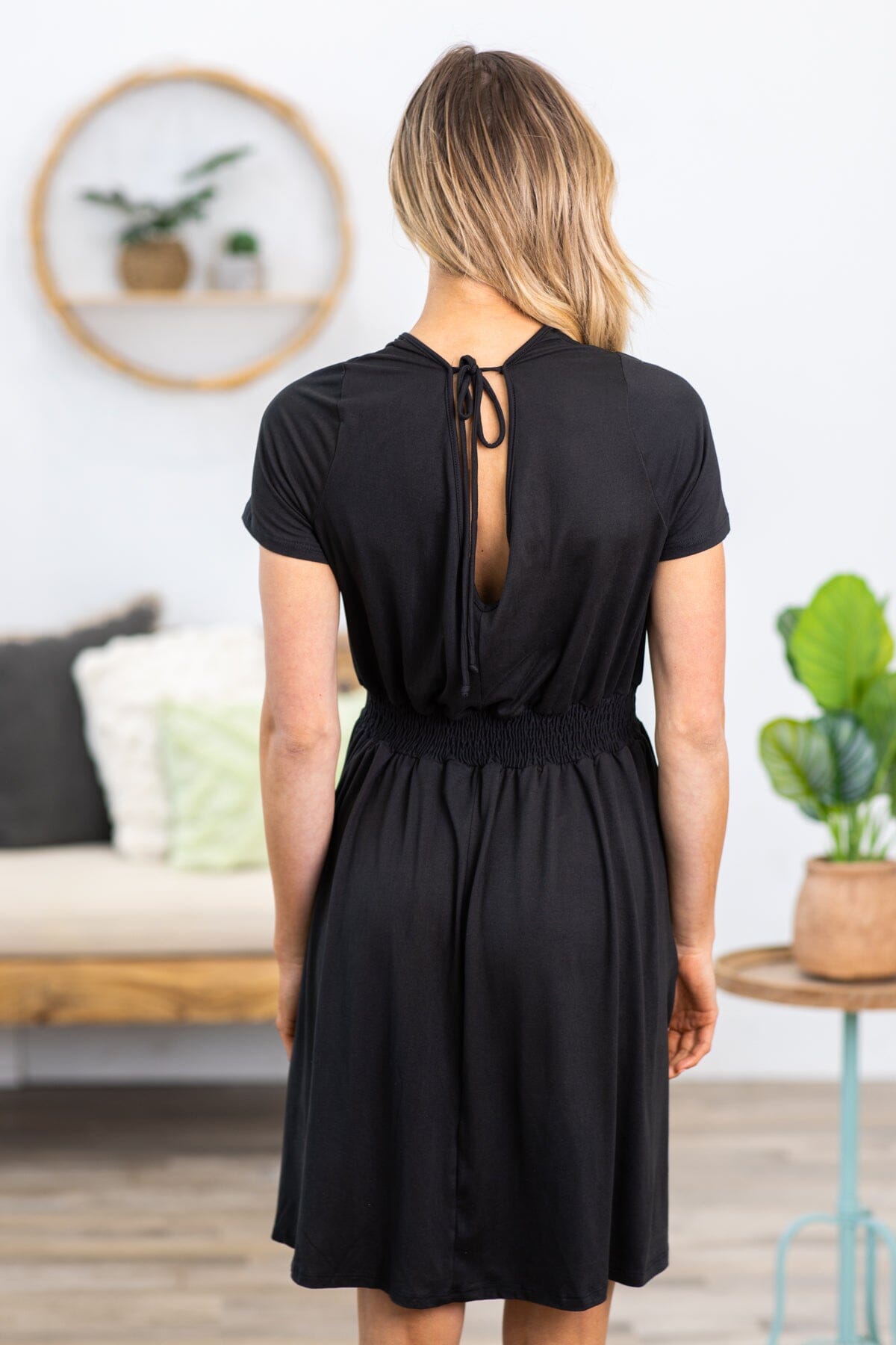 Black Surplice Front Short Sleeve Dress