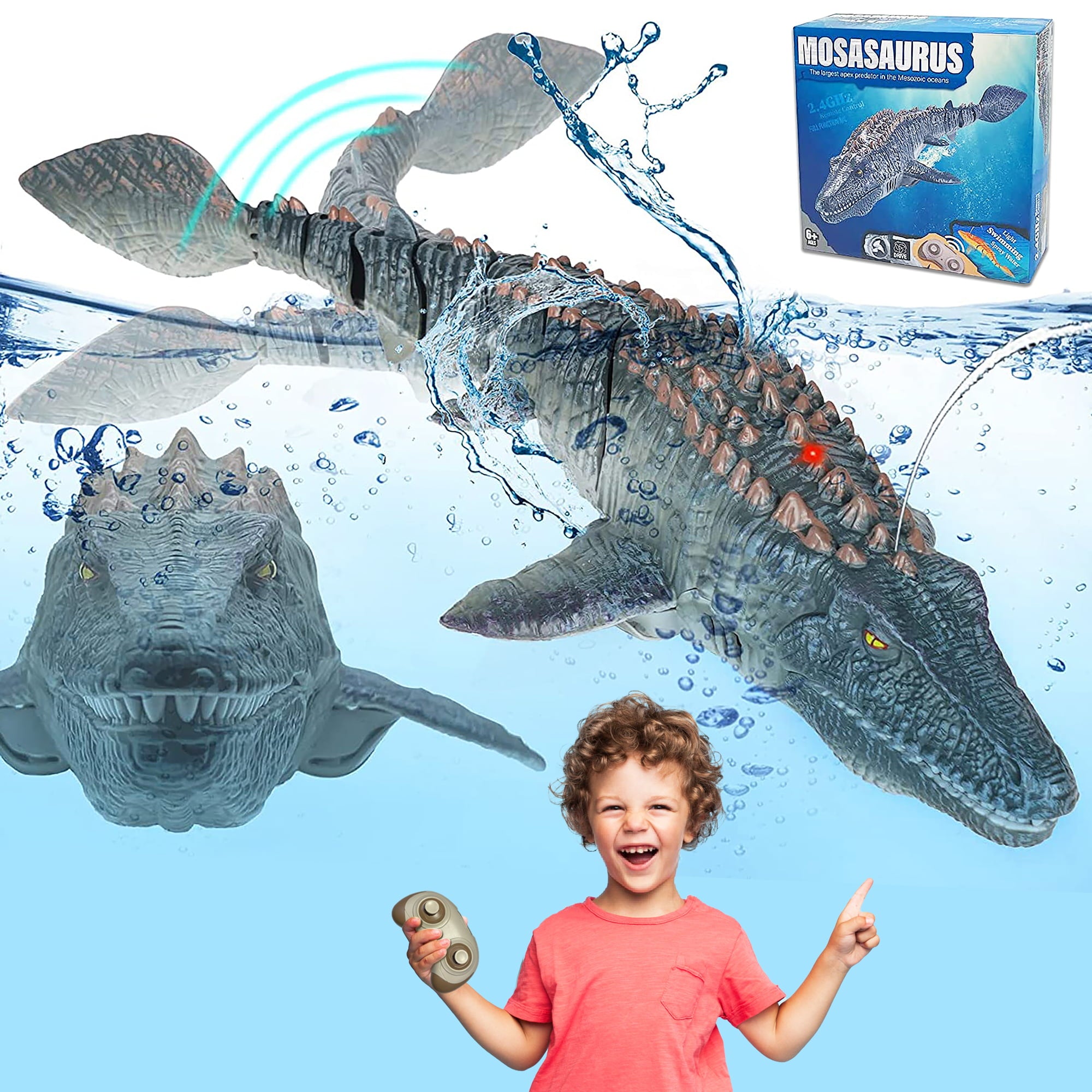 Richgv 2.4G Remote Control Dinosaur，RC Dino，Mosasaurus Toy，Kids Pool Toy，Dinosaur Toy for 3+ Year Old Boys，Water Toy，Christmas and Birthday Dinosaur Gift for Boys and Girls