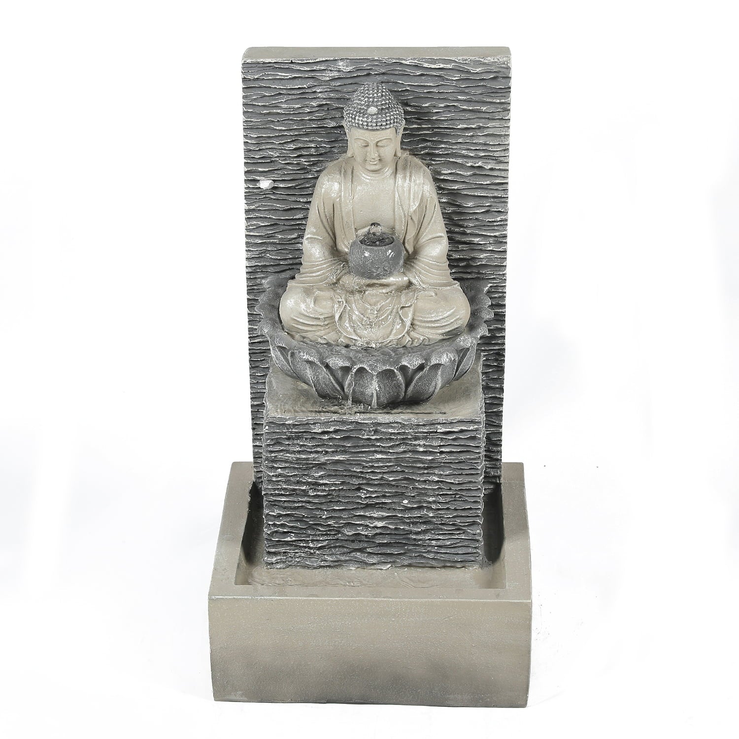 LuxenHome Gray Resin Meditating Buddha with Pedestal Outdoor Fountain with LED Light