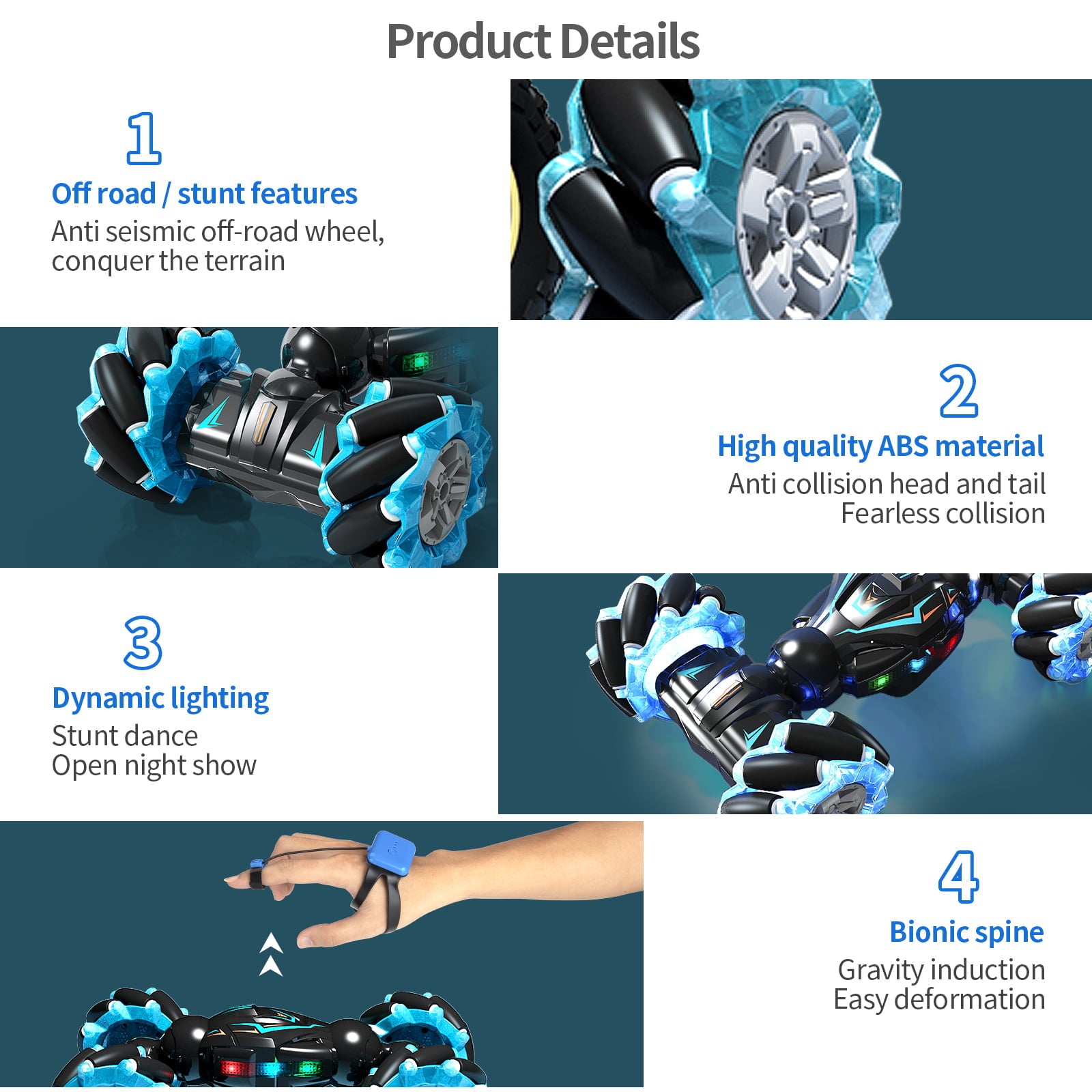 Aiqi RC Stunt Car， 2.4GHz 4WD Gesture Sensing Remote Control Car with Lights Music 360° Rotating Vehicles