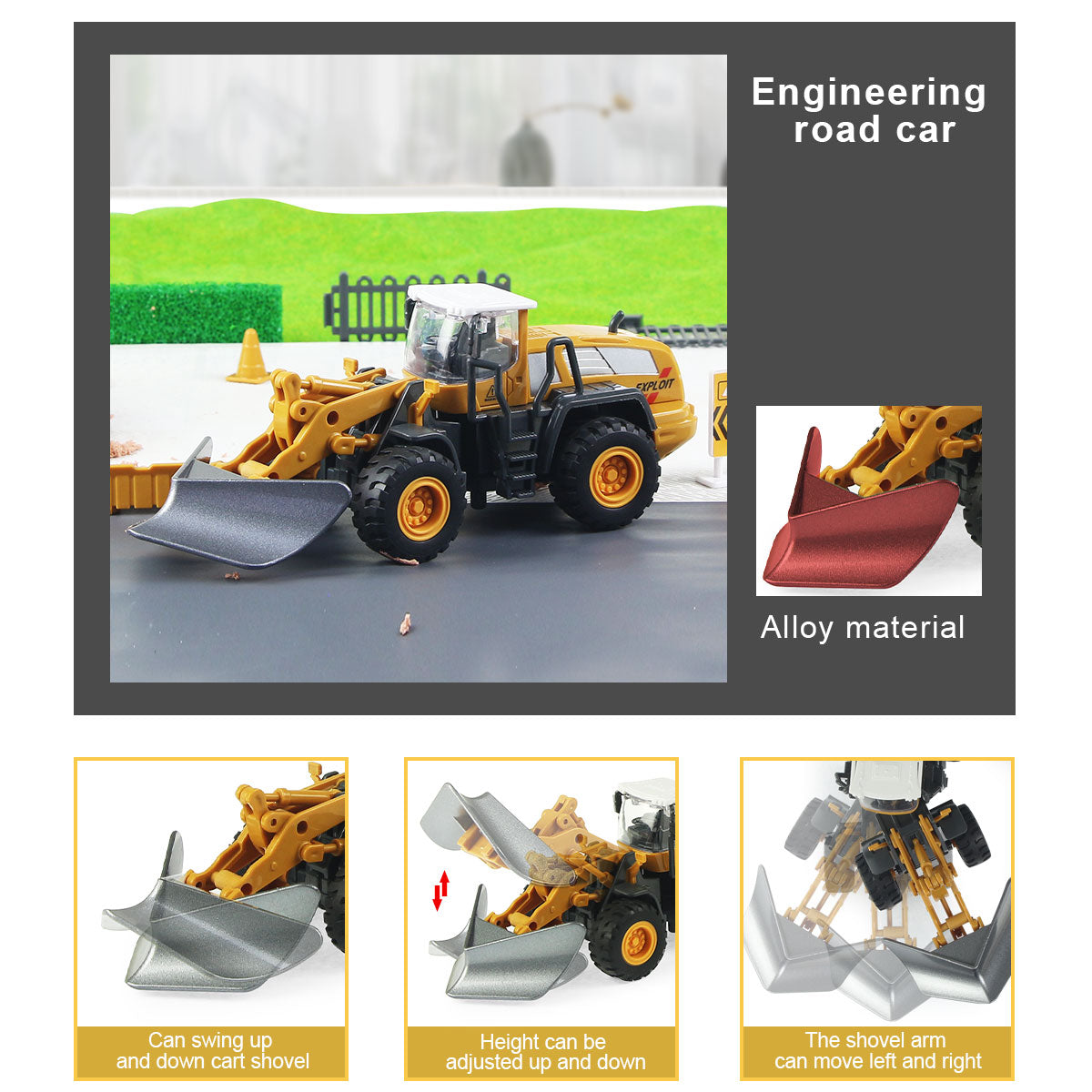 1:55 Construction Vehicle Toy Set Snow Plow Road Roller Forklift Bulldozer Toy for Kids， 4 Alloy Interchangeable Parts