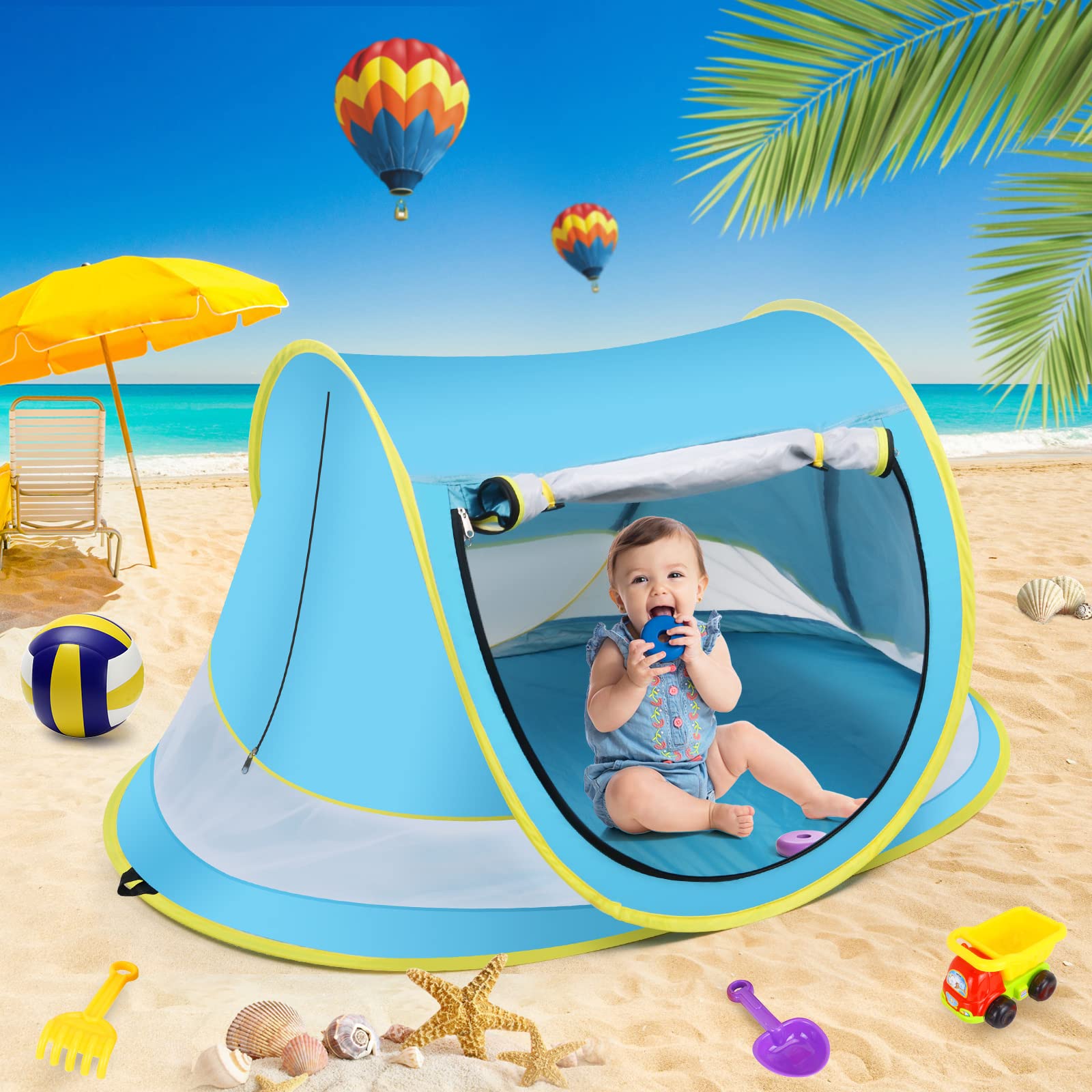 IMMEKEY Baby Beach Tent，Large Pop Up Sun Shade for Beach，Portable Baby Travel Tent with Mosquito Net，UPF 50+ UV Protection Sun Shelters for Infants Blue