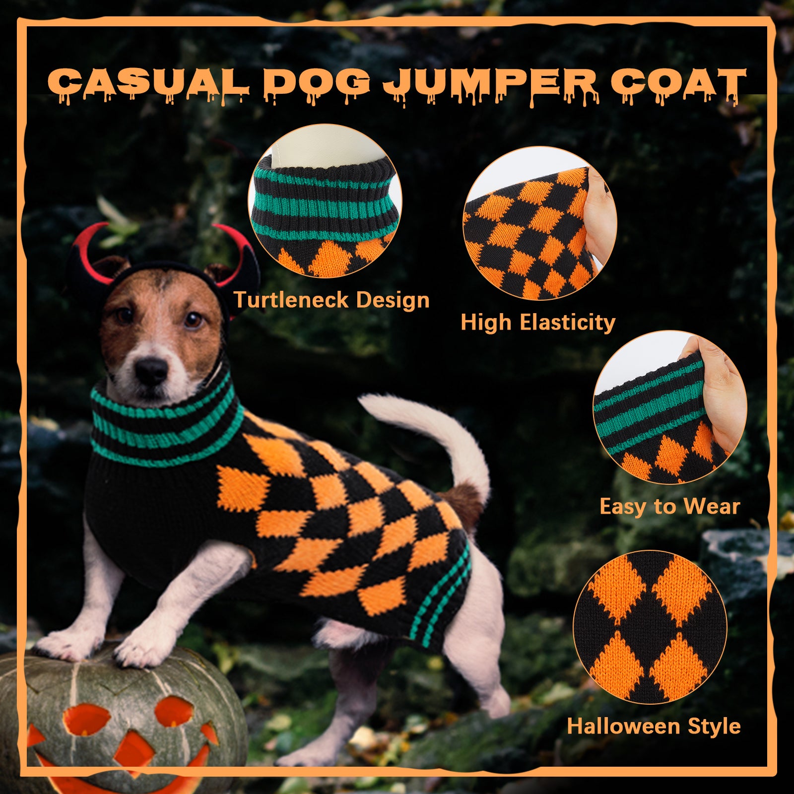 IDOMIK Dog Sweater， Halloween Pullover Dog Knitwear for Cold Weather， Turtleneck Sweaters for Small Medium Dogs， Pet Clothes Cozy Doggie Vest Dog Winter Coat Costume