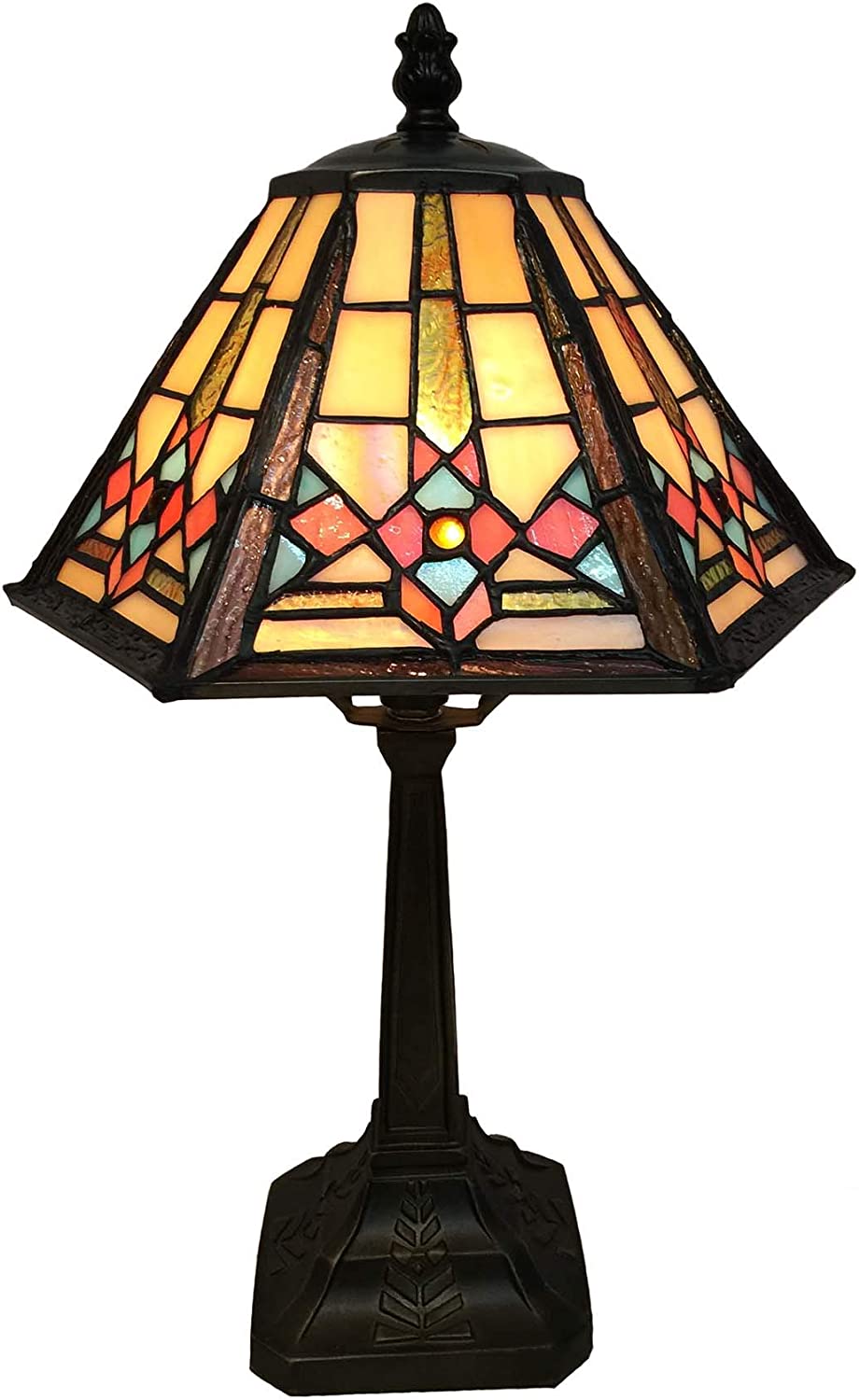 SHADY L10791 Mission Style Table Lamp  Stained Glass Night Light with Hexagonal Cone Lampshade  10" W x 16" H