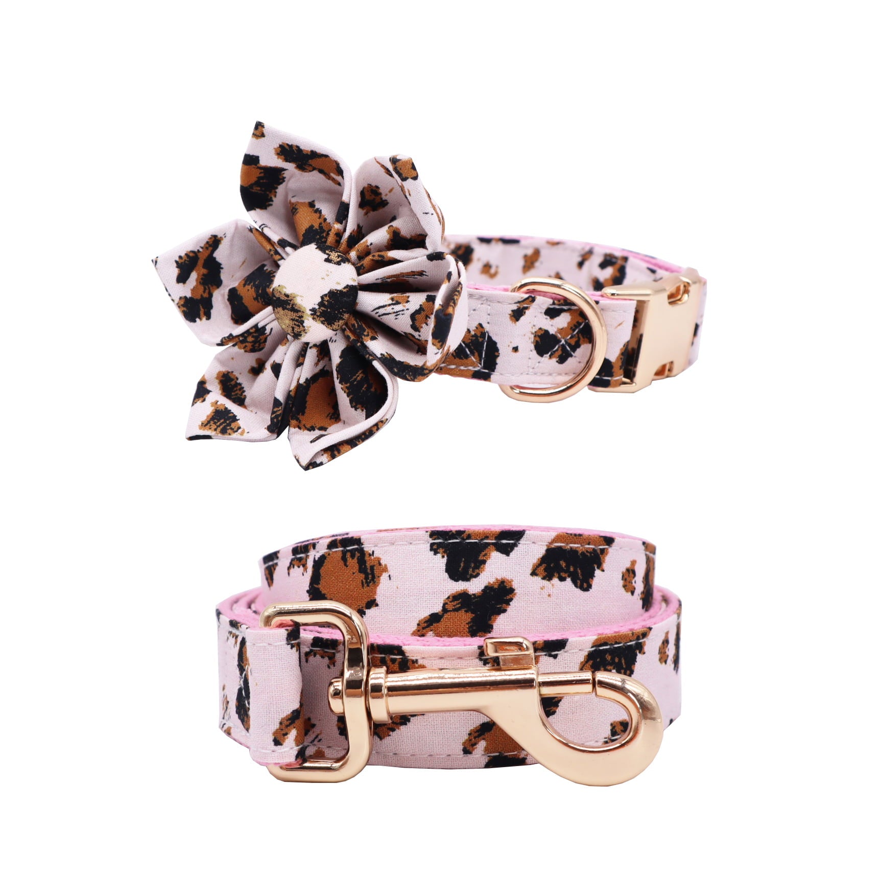 Pink Leopard Dog Flower Collar ，Dog Collar with matching leash