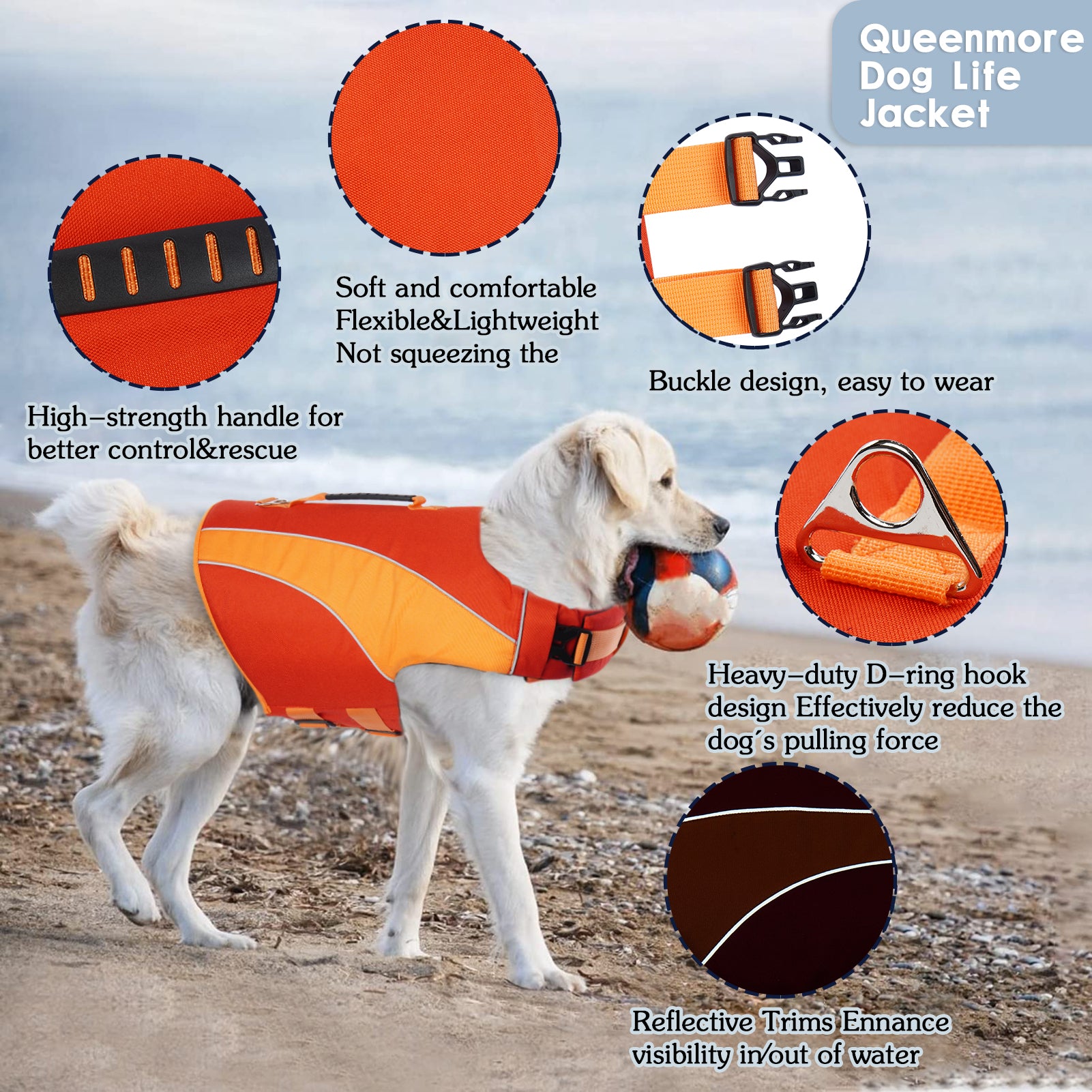 Queenmore Dog Life Jacket Pet Life Safety Vest for Swimming with Reflective Stripes/Adjustable Belt， High Buoyancy and Durable Rescue Handle for Small Medium and Large Dogs，Orange