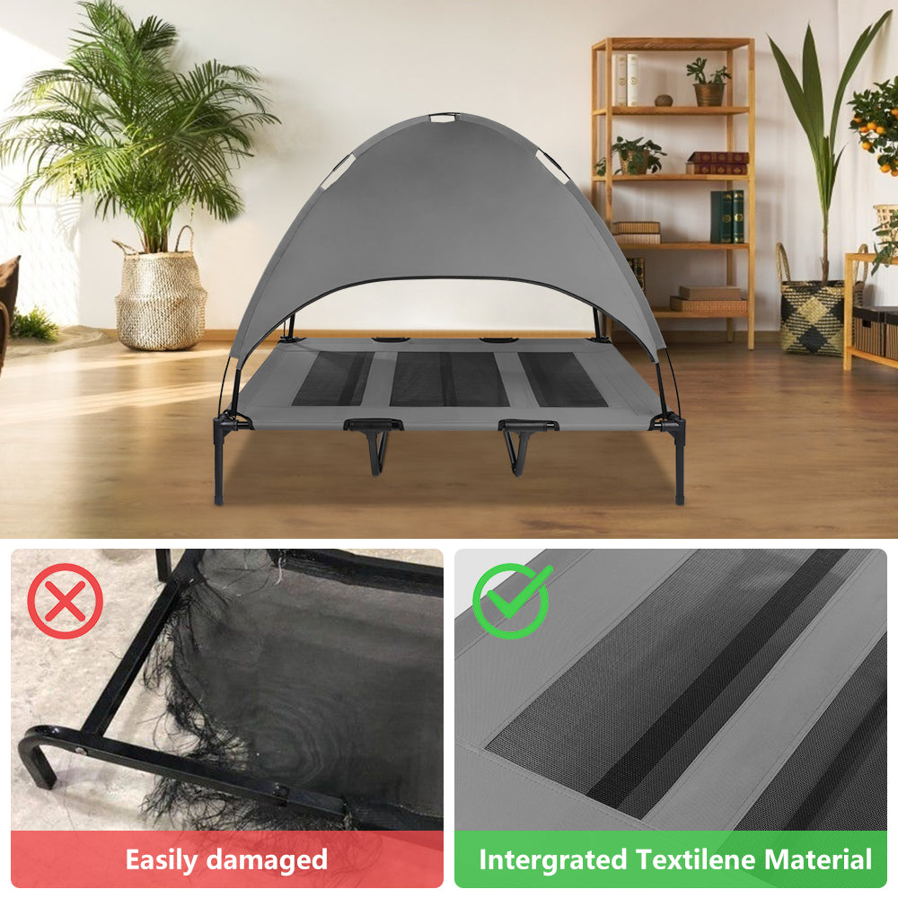 SMONTER Elevated Dog Bed with Canopy， Outdoor Pet Cot with Removable Canopy Shade， Portable Raised Dog Bed with Stable Frame and Breathable Mesh for Small， Medium， Large Dogs， Extra Large， Grey