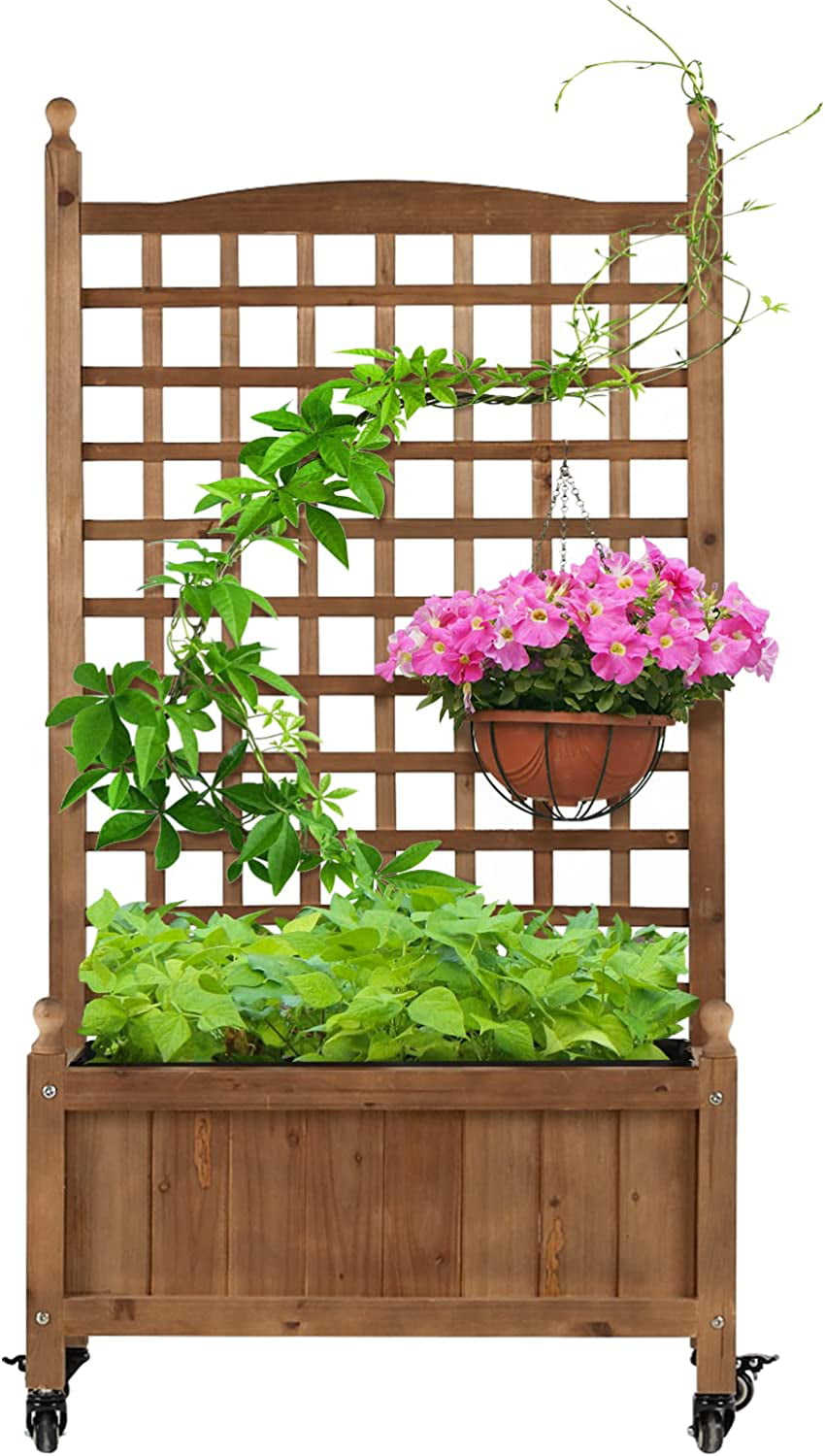 Idzo Raised Garden Bed with Trellis, Durable Oil Coated Planter with Trellis, 50 Inches Height Vertical Gardens Outdoors with Lockable Wheels and Convenient Non Woven Lining