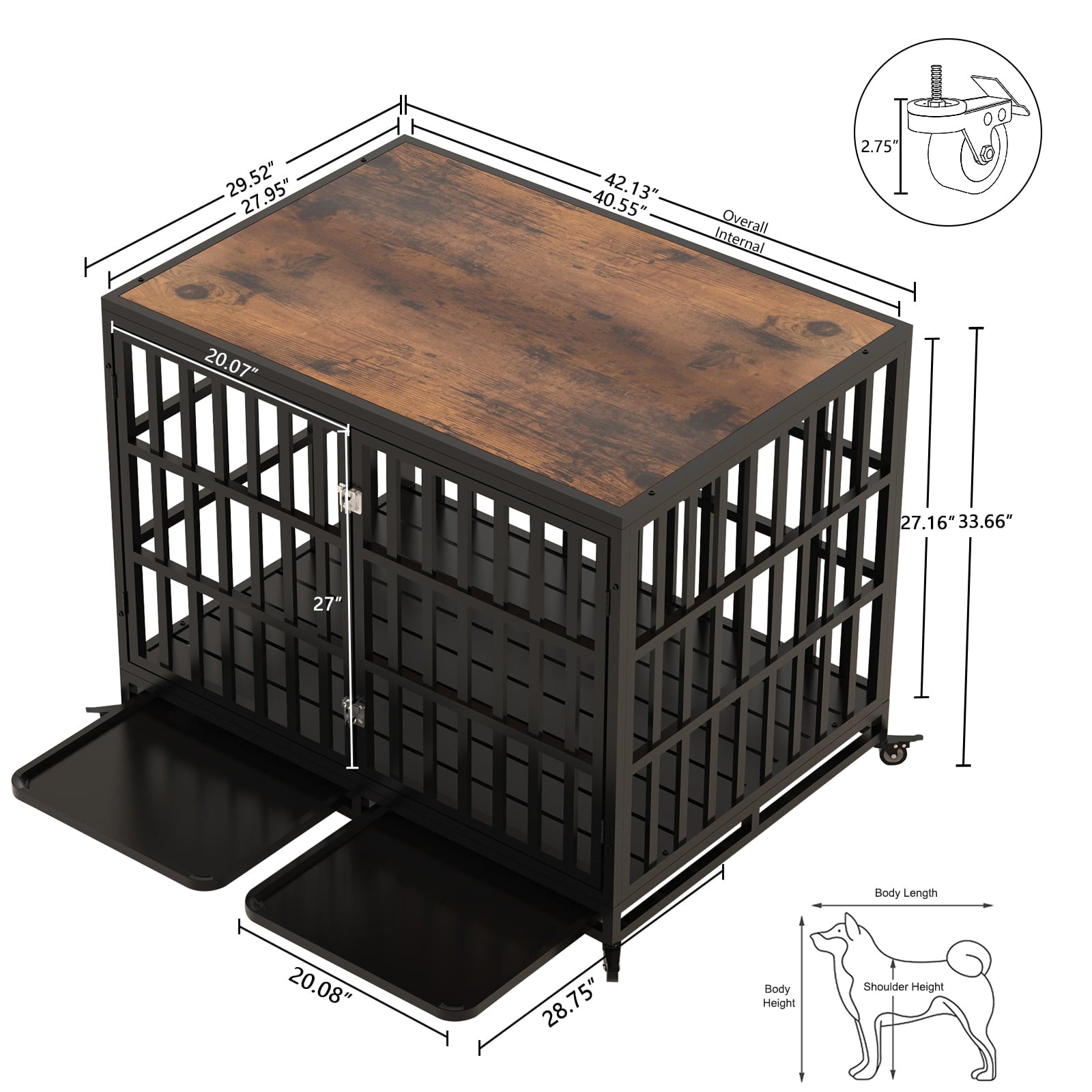 Heavy Duty Dog Crate， 42 Inch Dog Crate Furniture for Medium Large Dogs， Wooden Thickened Dog Cage Kennel Decorative Pet House Indoor with Removable Trays  and Lockable Wheels