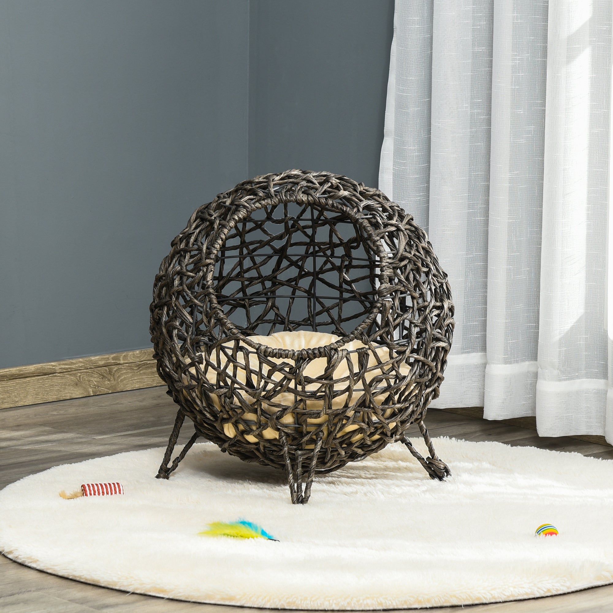 PawHut Wicker Cat Bed Elevated Rattan Kitten Basket Cozy Cave w/ Soft Cushion