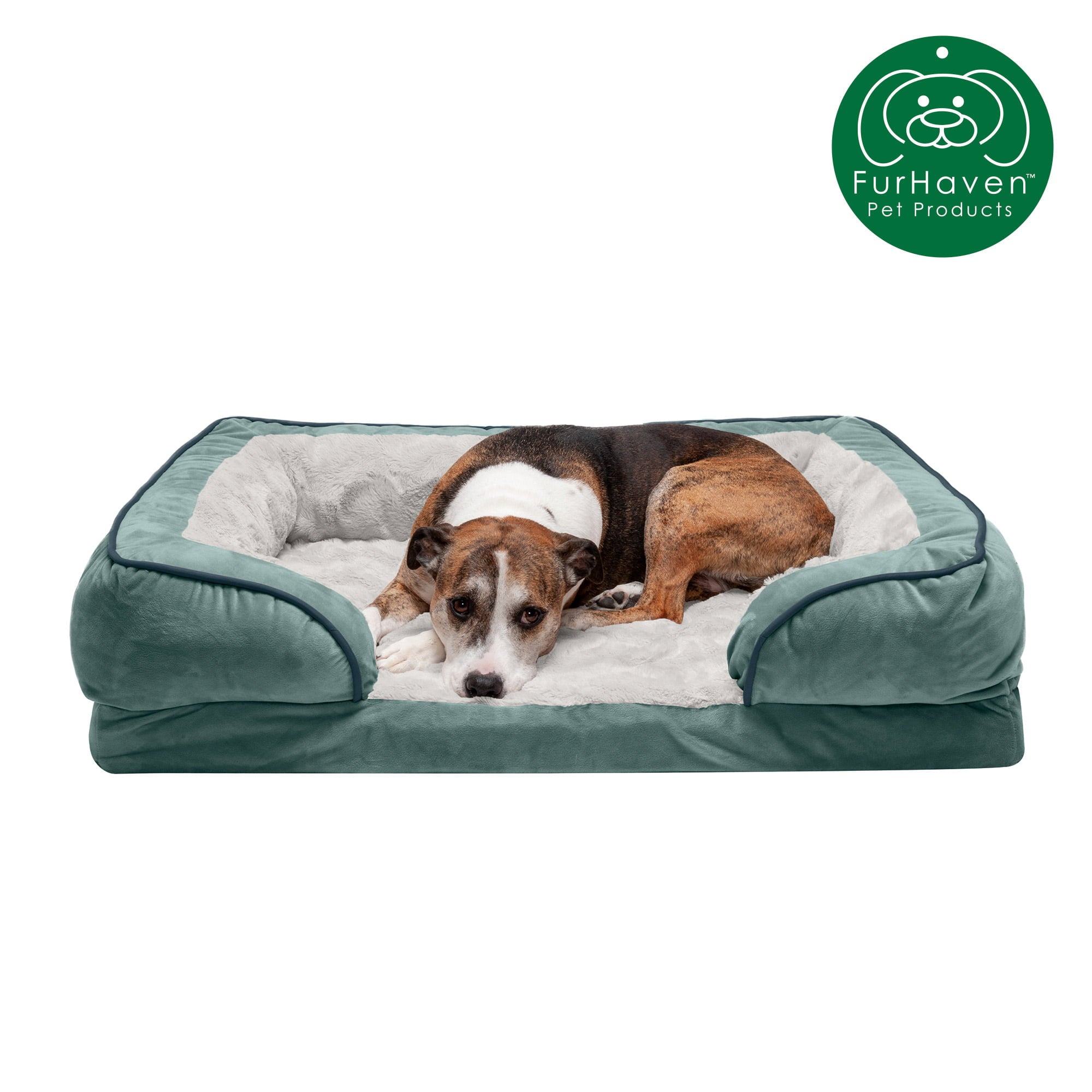 FurHaven Pet Products | Convolute Orthopedic Perfect Comfort Velvet Waves Sofa-Style Couch Pet Bed for Dogs and Cats， Celadon Green， Large