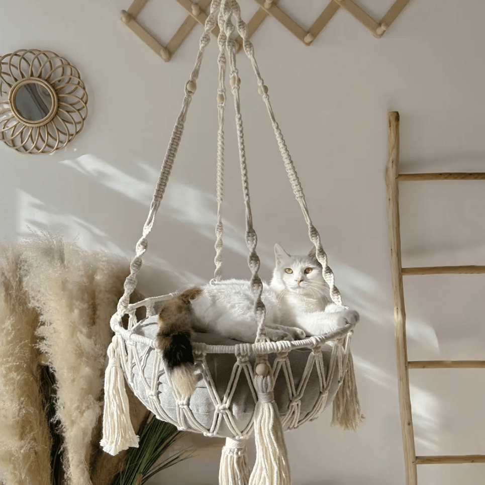 Boho Cat Hammock | Hanging Macrame Bed – Cozy Indoor Swing Rest