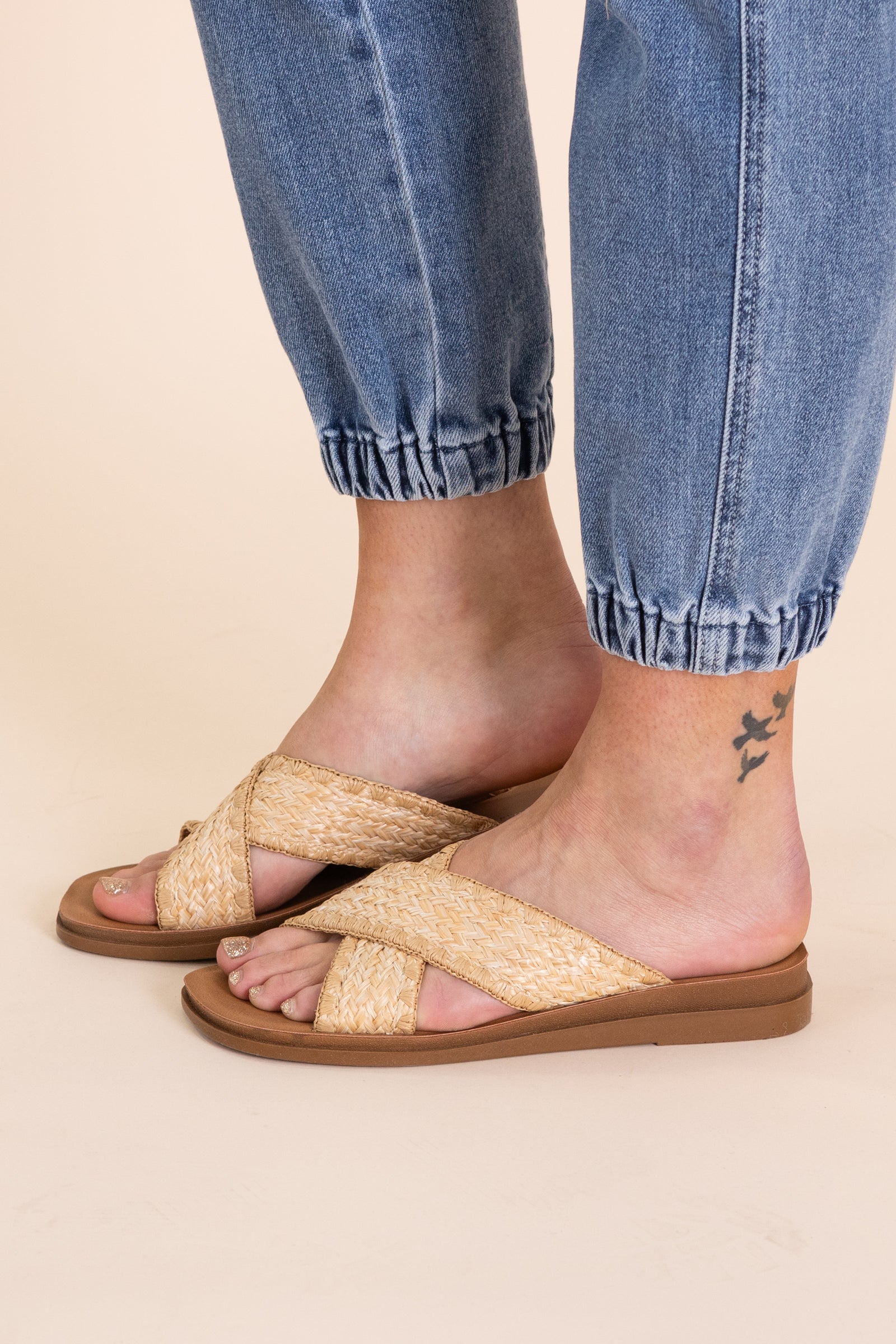 Beige Raffia Criss Cross Slip On Sandal