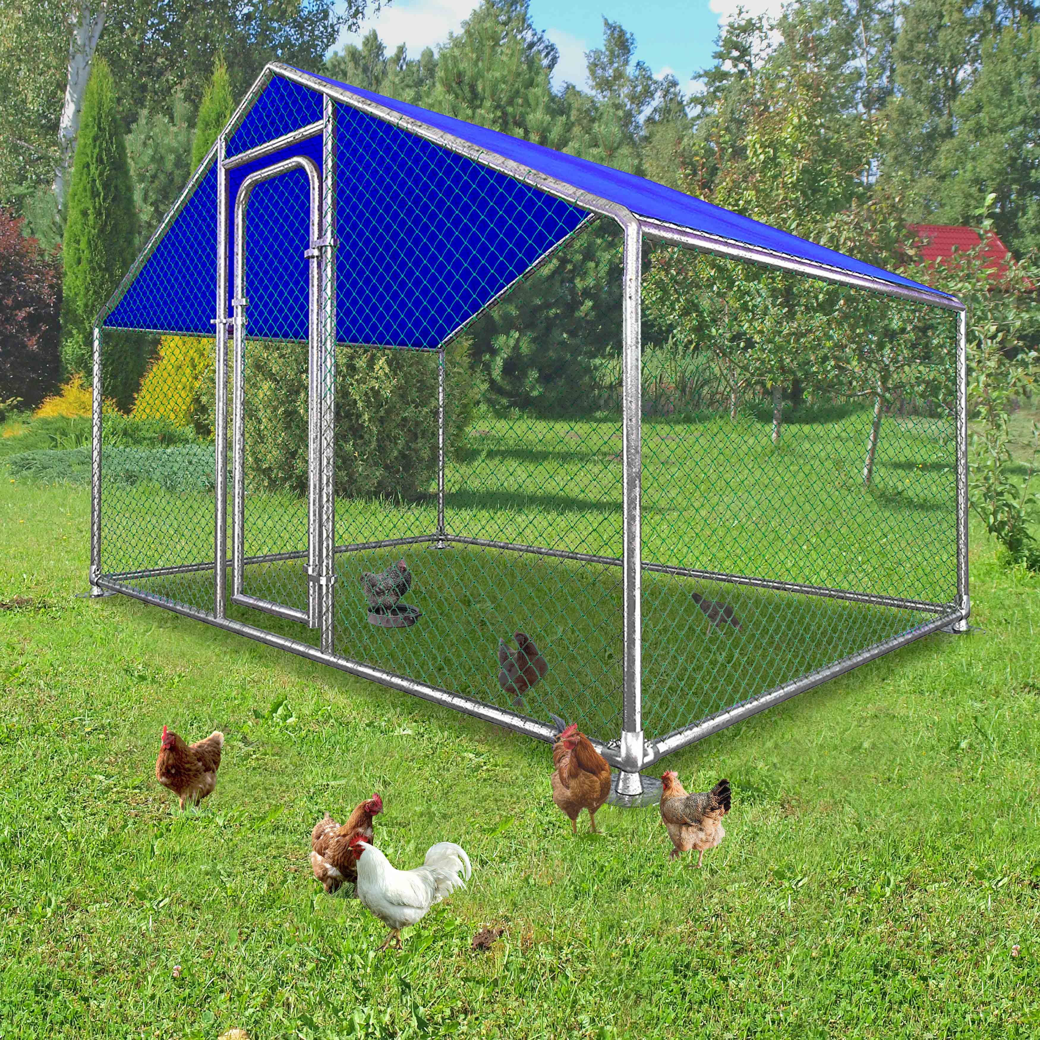 ALEKO Metal DIY Walk-in 10 x 6.5 feet Chicken Coop Run with Blue Waterproof Cover