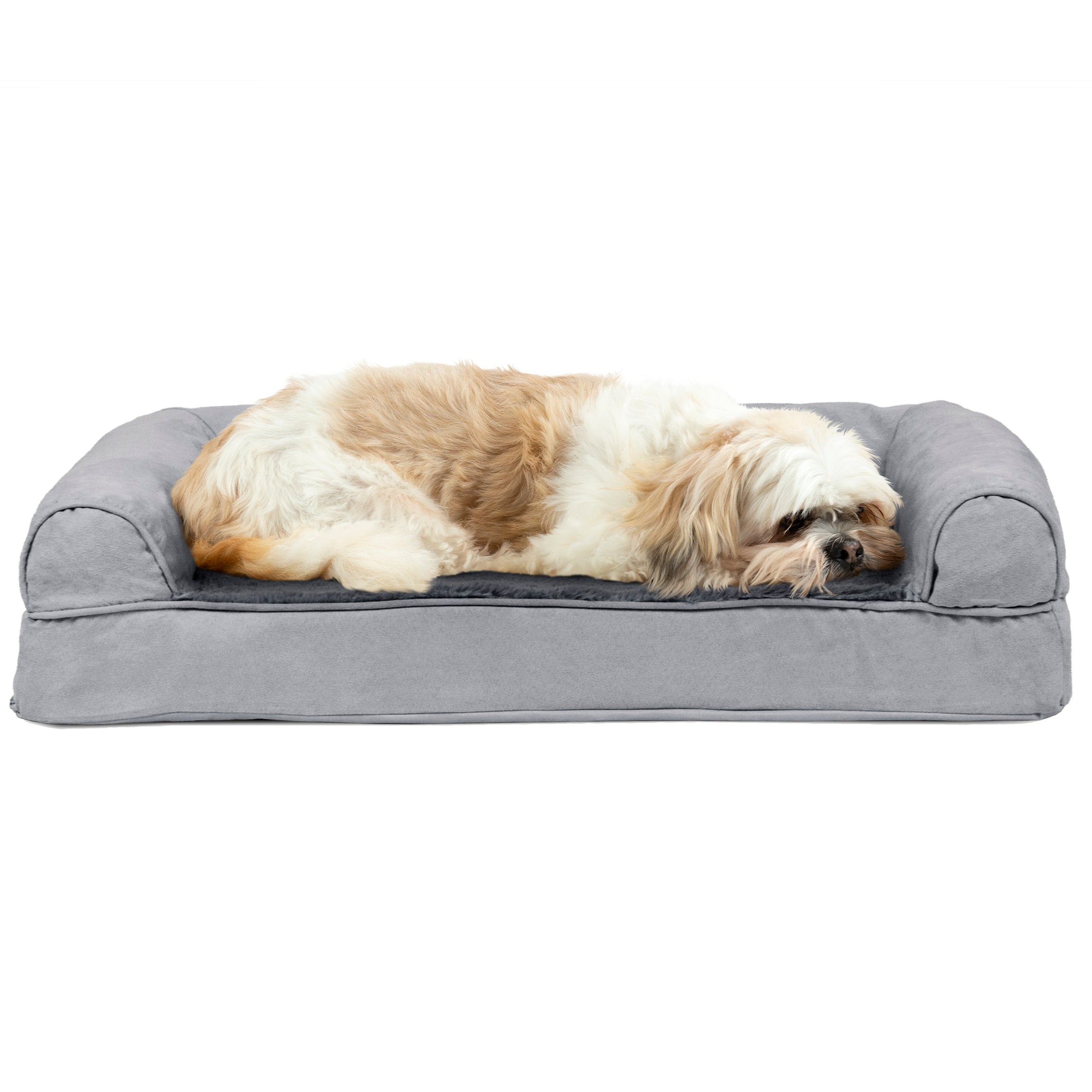 FurHaven Pet Products | Cooling Gel Foam Plush and Suede Sofa Pet Bed for Dogs and Cats， Gray， Medium