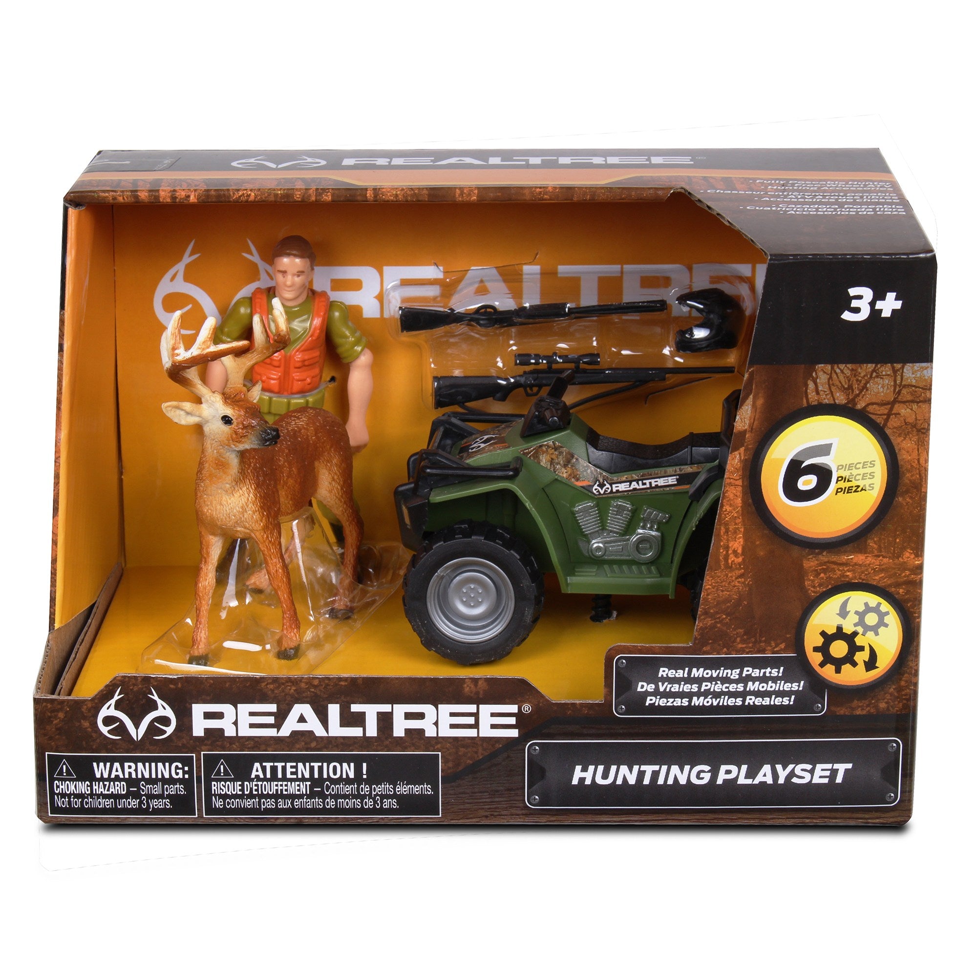 RealTree: Hunting Playset - 6 Piece 1:18 Scale W/ Freewheel Vehicle， ATV Buck Hunting Set ， Ages 3+