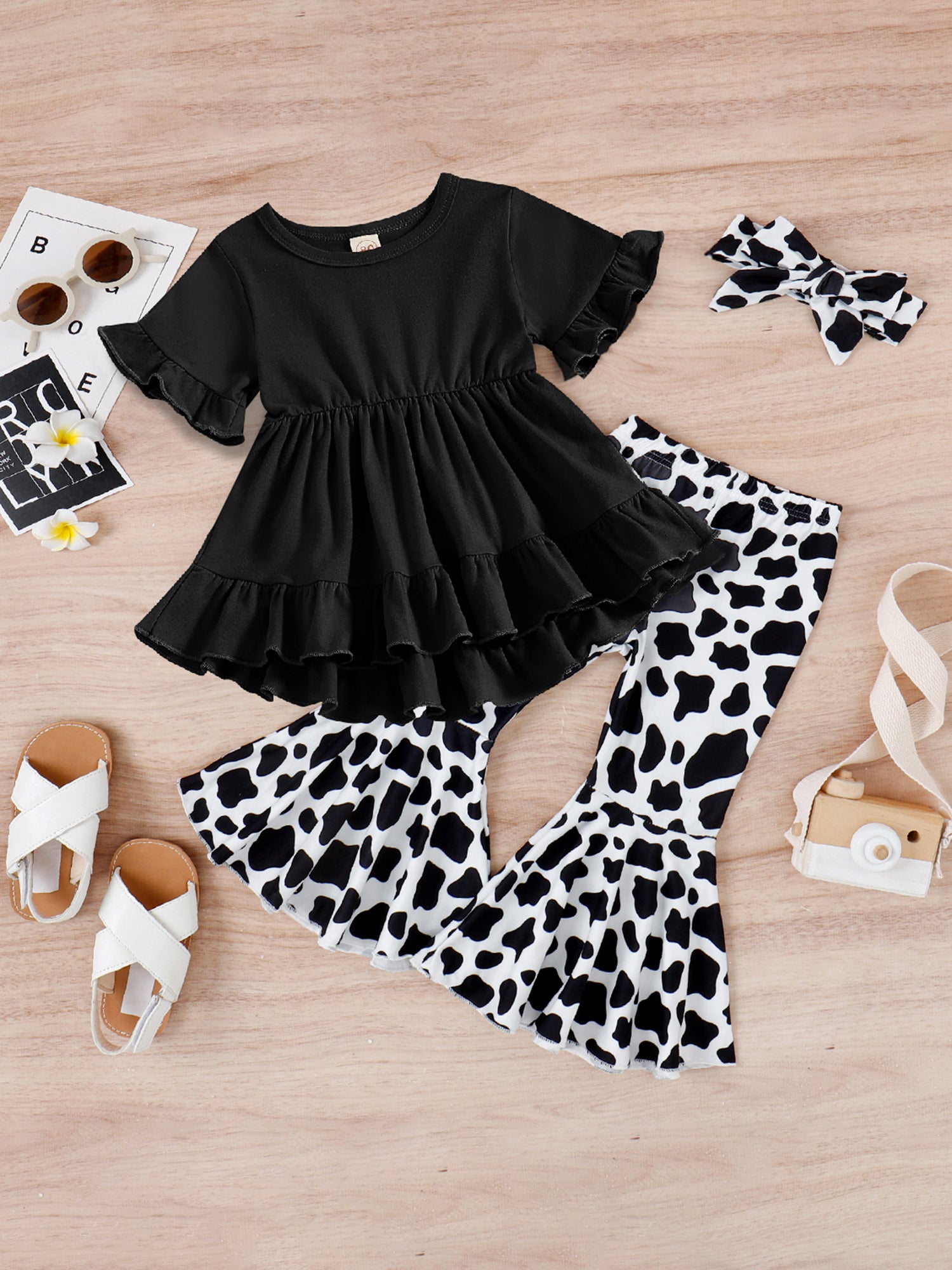 Peyakidsaa Kid Baby Girls Pants Set Short Sleeve Ruffled T-shirt with Bull/Cow Pattern Flare Pants and Headband