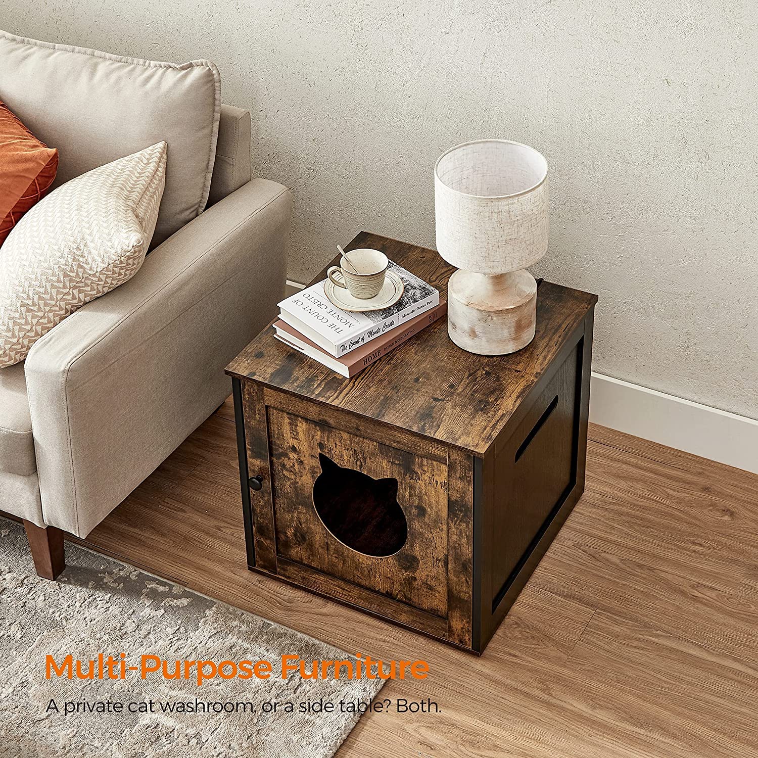 FEANDREA Cat Litter Box Furniture， Rustic Brown and Black
