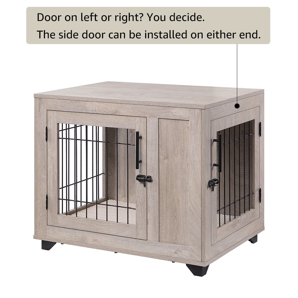Unipaws Furniture Style Dog Crate， Wooden Wire Pet Kennels with Double Doors， Dog House Indoor Use， Weathered Gray