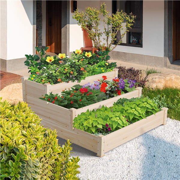 Yaheetech 3 Tier Raised Garden Bed Fir Wood Planter Elevated Flowers Vegetables Planter