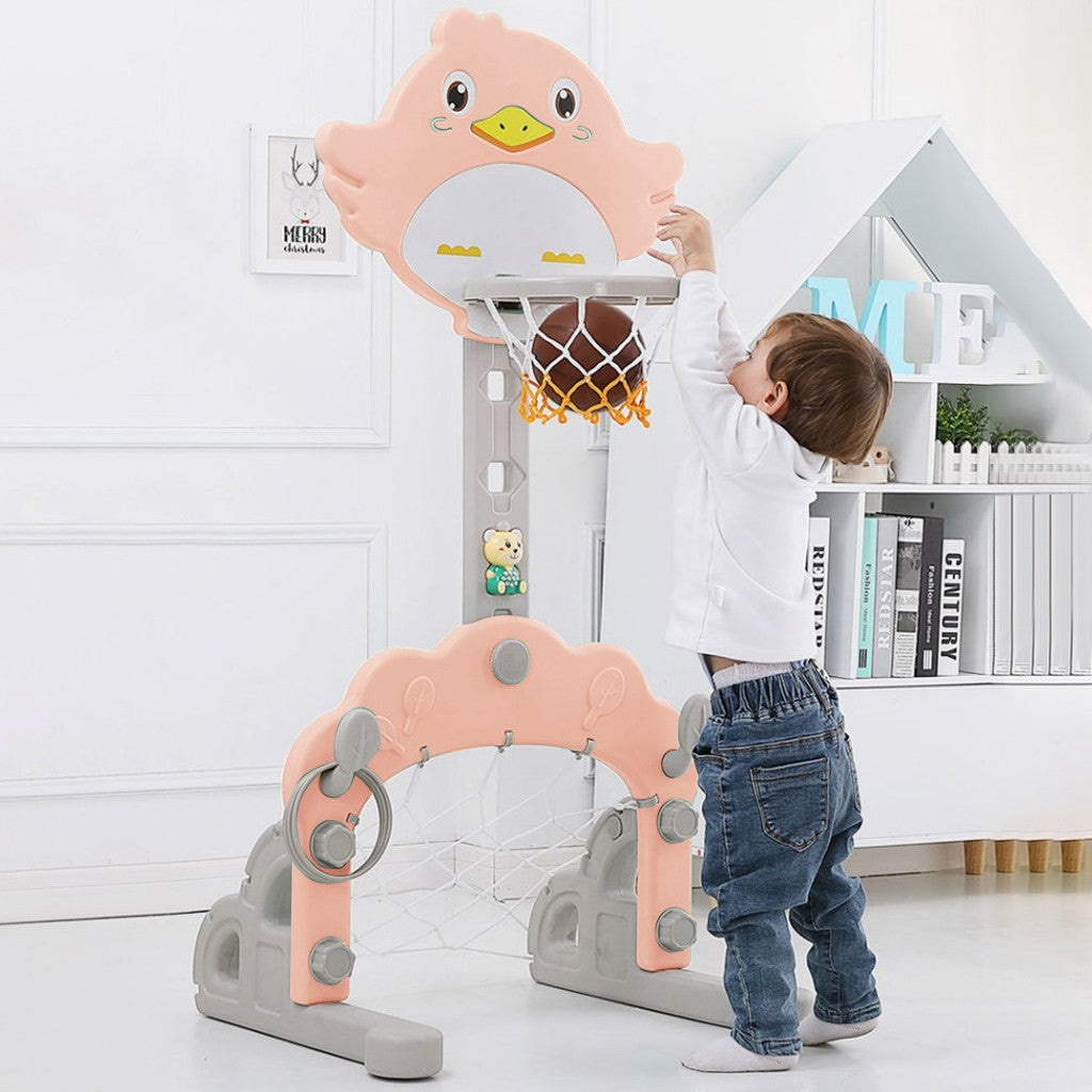 Oalirro Basketball Hoop Set， 3 in 1 Sports Activity Center Grow-to-Pro Adjustable Easy Score Basketball Hoop， Football / Soccer Goal， Ring Toss Cute Giraffe Best Gift for Baby Infant Toddler (Pink)